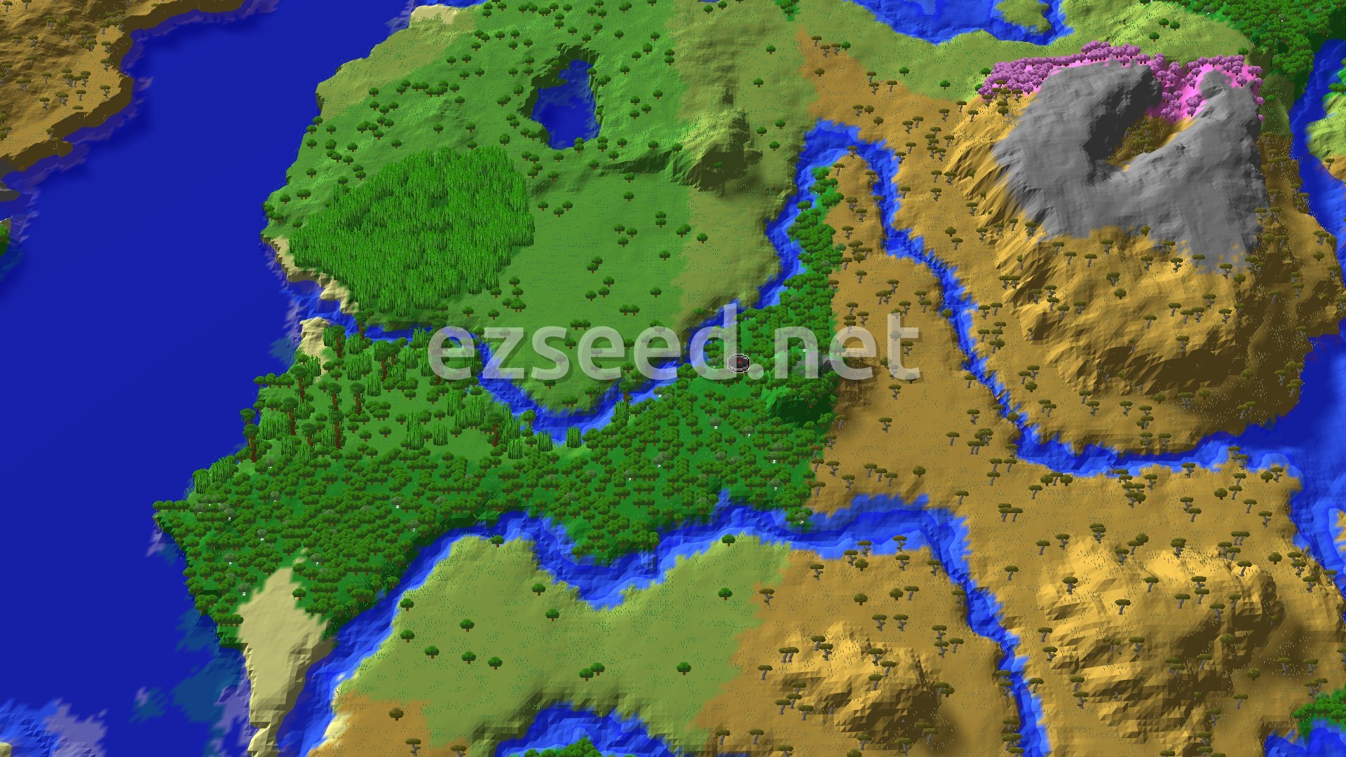 An aerial view of a forest with a river winding through it, bordered by savanna and sparse jungle, under a clear sky.