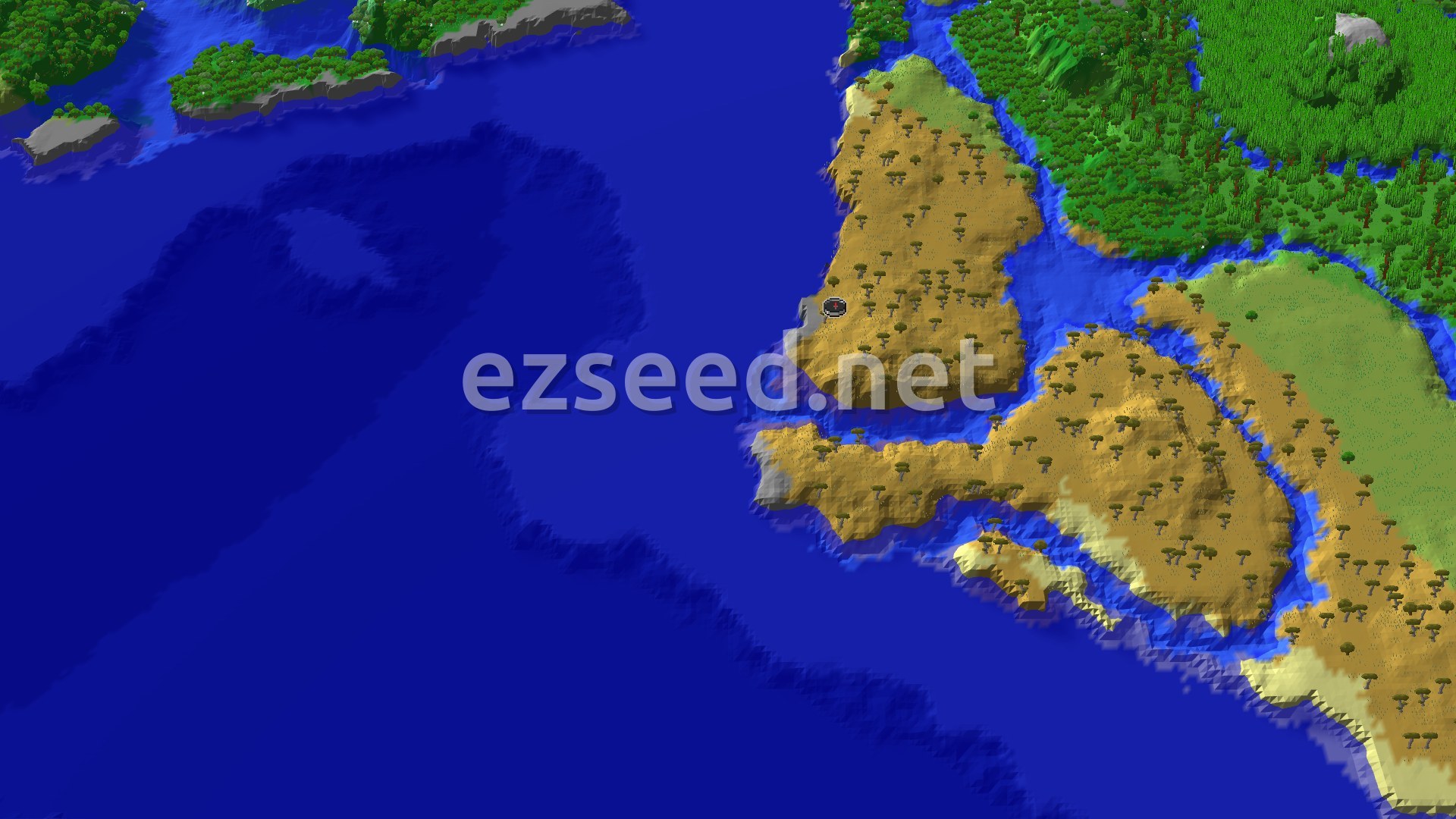 Aerial Minecraft seed map — Savanna Spawn with Nearby Village and Trial Chambers