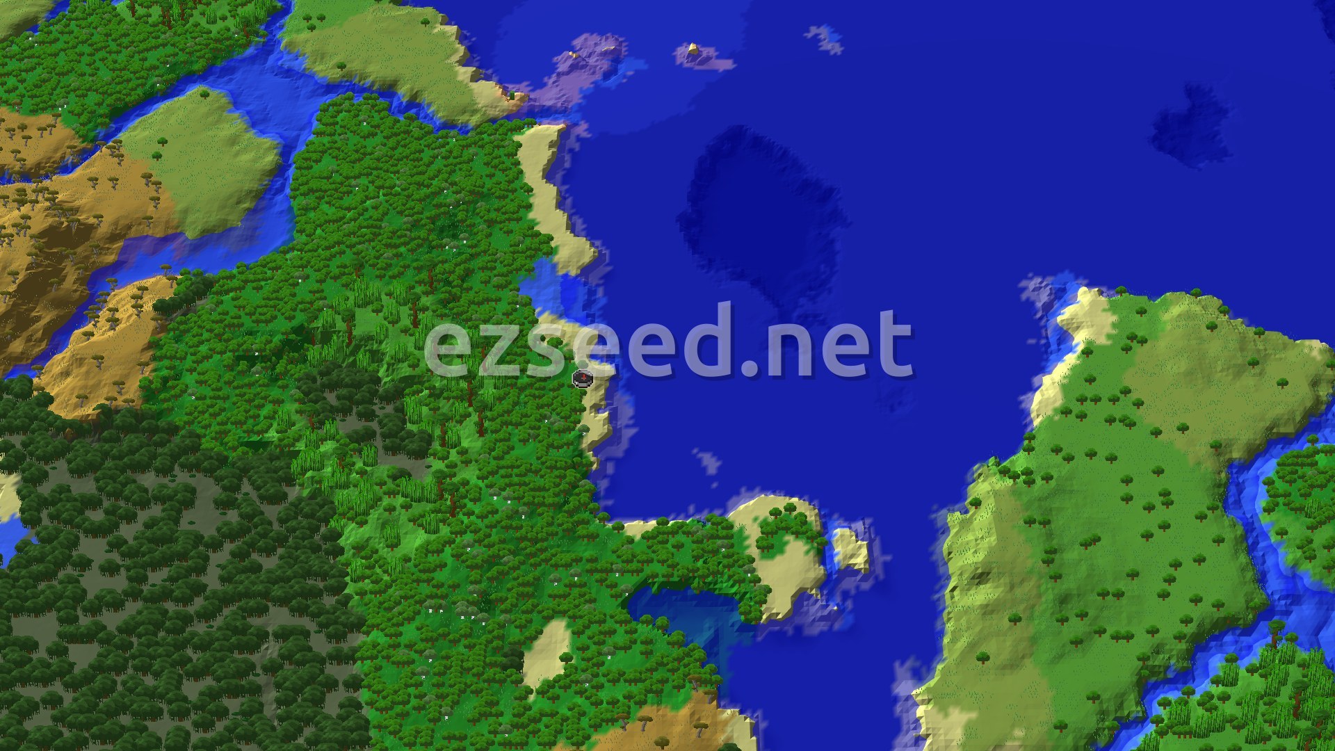 A bird's-eye view of a coastal landscape with a dense forest meeting a wide ocean. A river winds through the terrain, and a small spawn marker sits on the beach.
