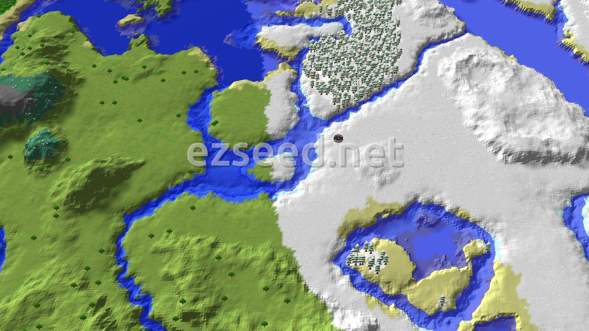 A 3D fly-over of a snowy plains landscape with a river and scattered trees, a spawn marker is visible in the snowy area.