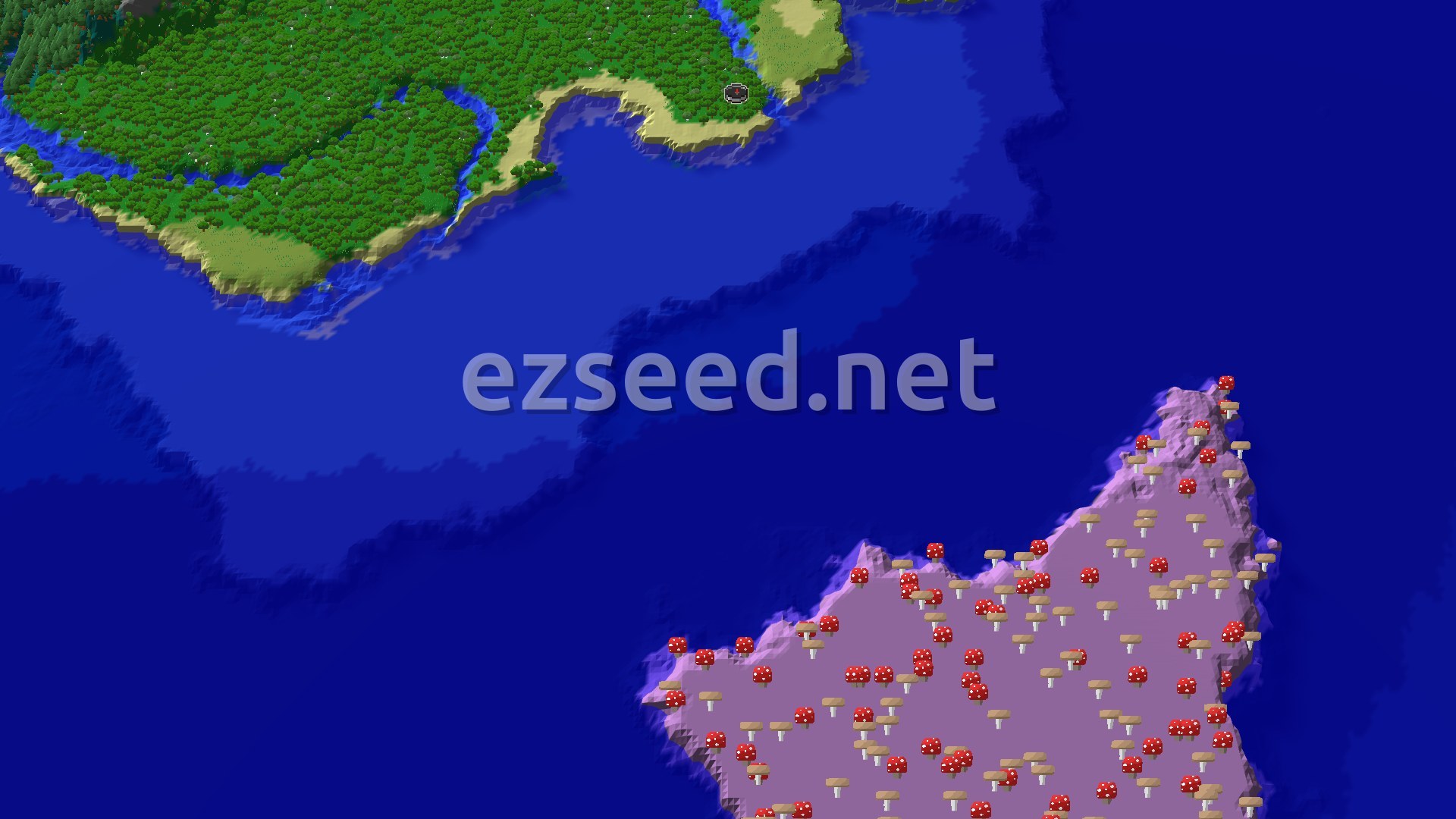 An aerial view of a forest, plains, and ocean biomes around a central spawn point, with a small river snaking through the landscape.