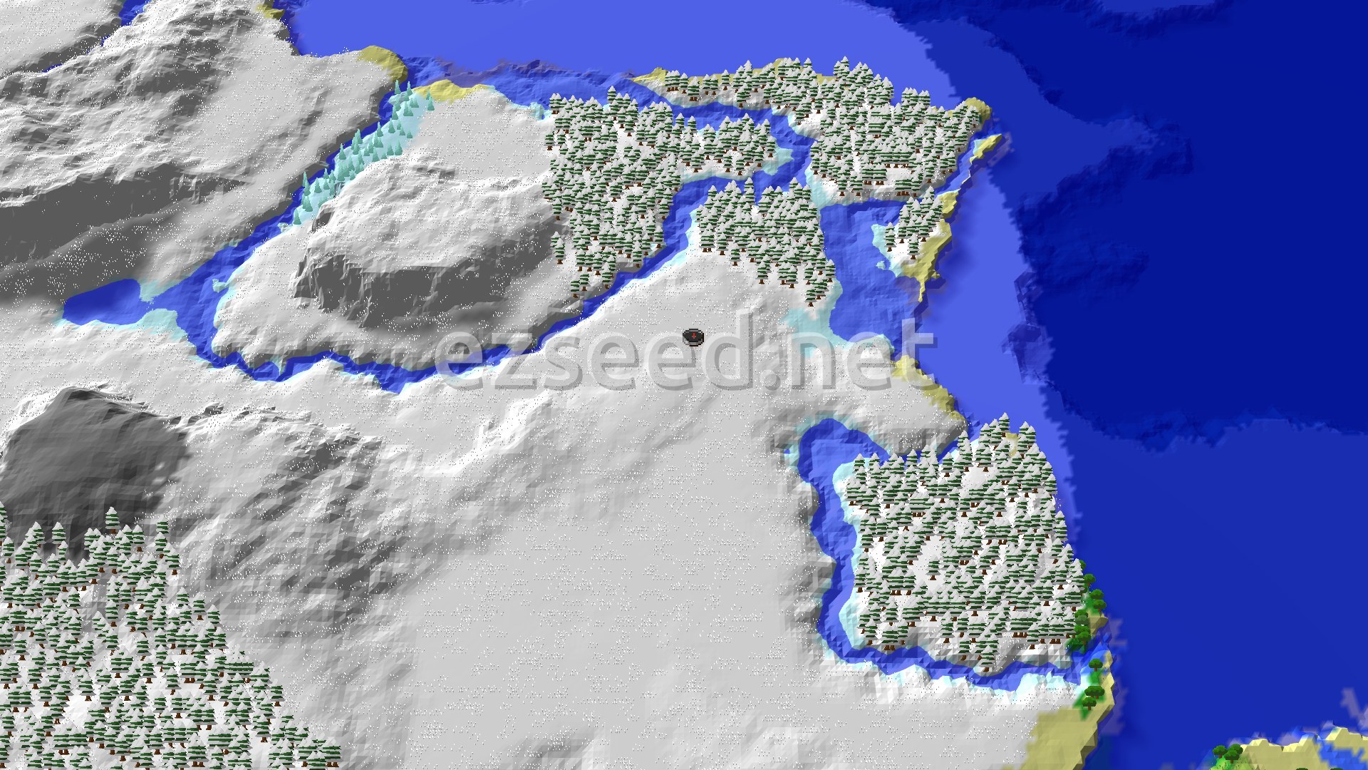 Aerial Minecraft seed map — Abandoned Village Near Spawn in Snowy Plains