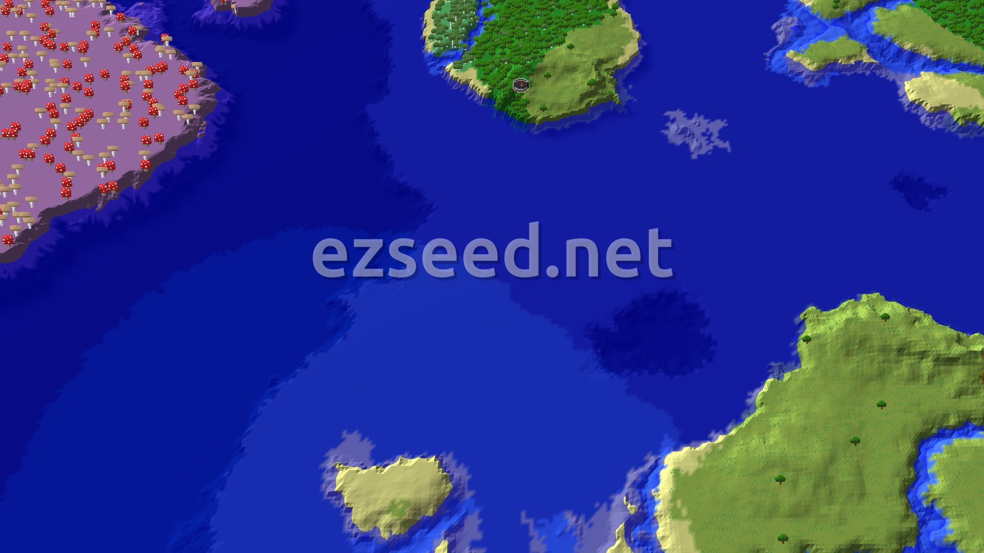An overhead view of a diverse island landscape, featuring a large Mushroom Fields biome to the west, a forest island in the north, and various other biomes across several landmasses separated by deep blue ocean.