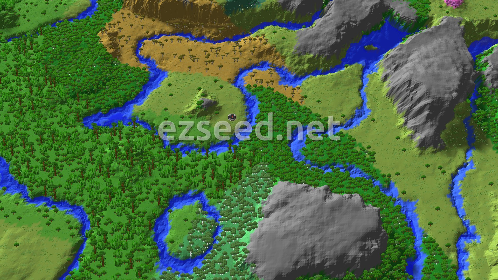 An aerial view of varied terrain, with a river winding through plains, forests, and savanna, flanked by some mountains.