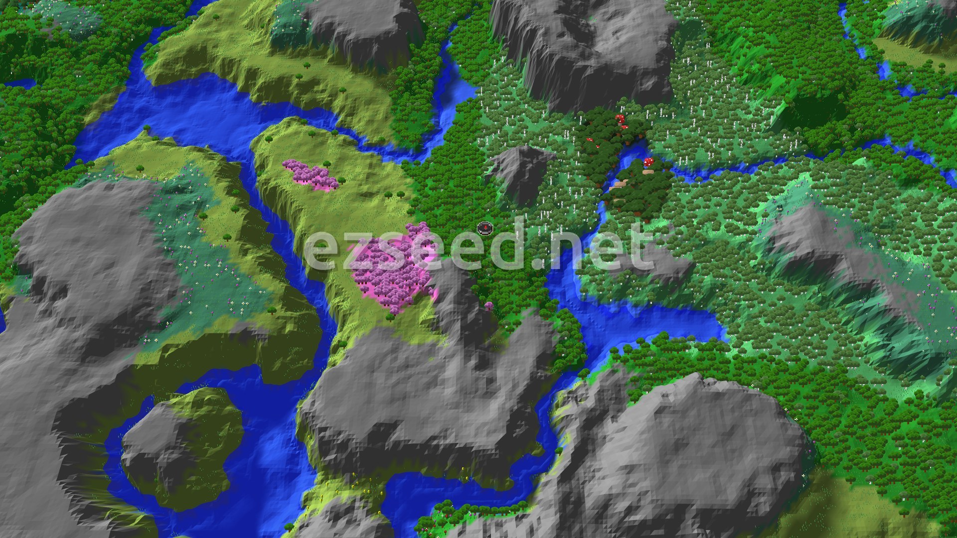 An aerial view shows a winding river through dense forests and meadows, with patches of pink cherry trees and some tall, rocky cliffs.
