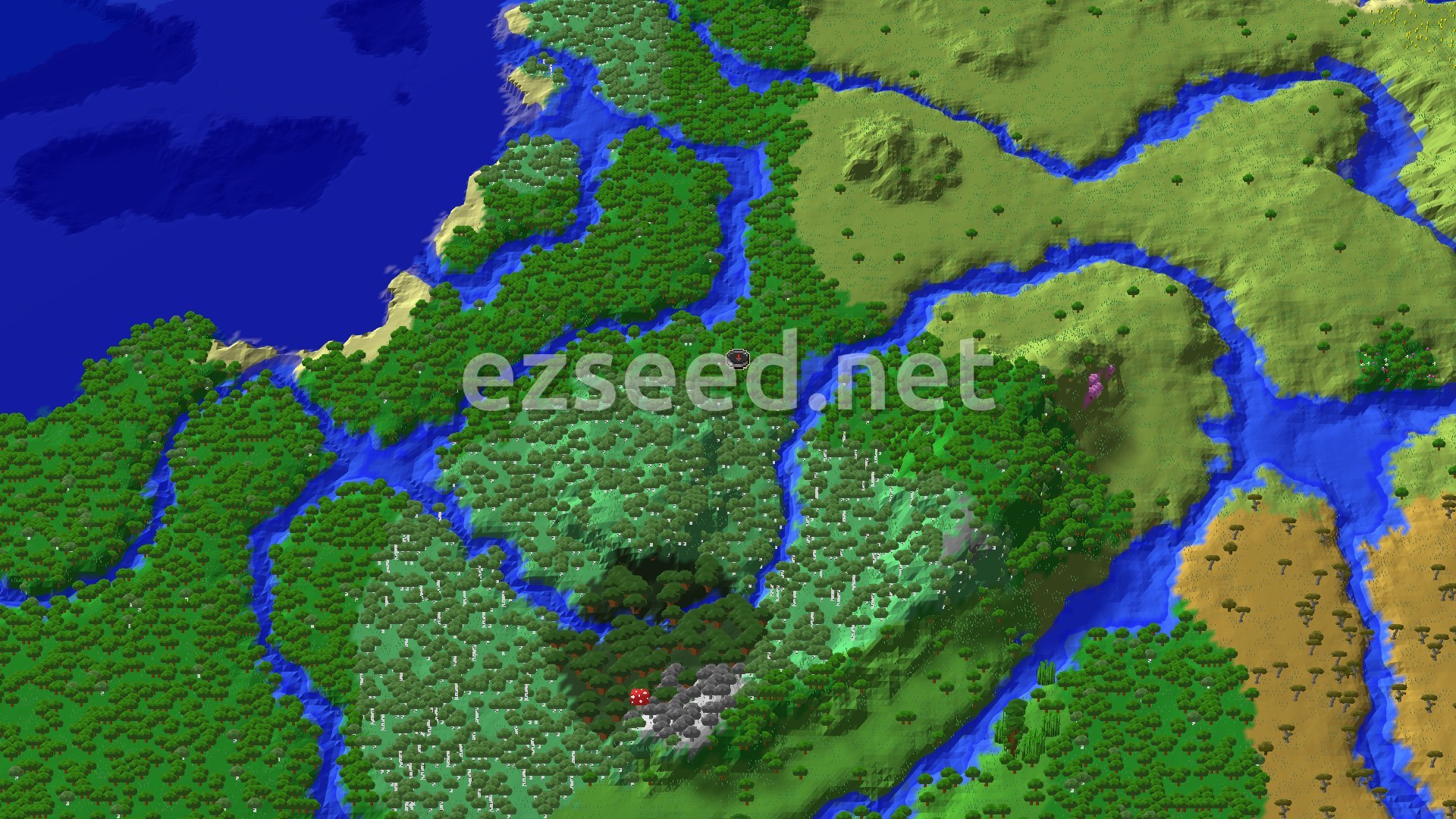 An aerial view of a varied landscape featuring dense forests, winding rivers, and a large ocean to the west, with a small marker at the center indicating the spawn point.