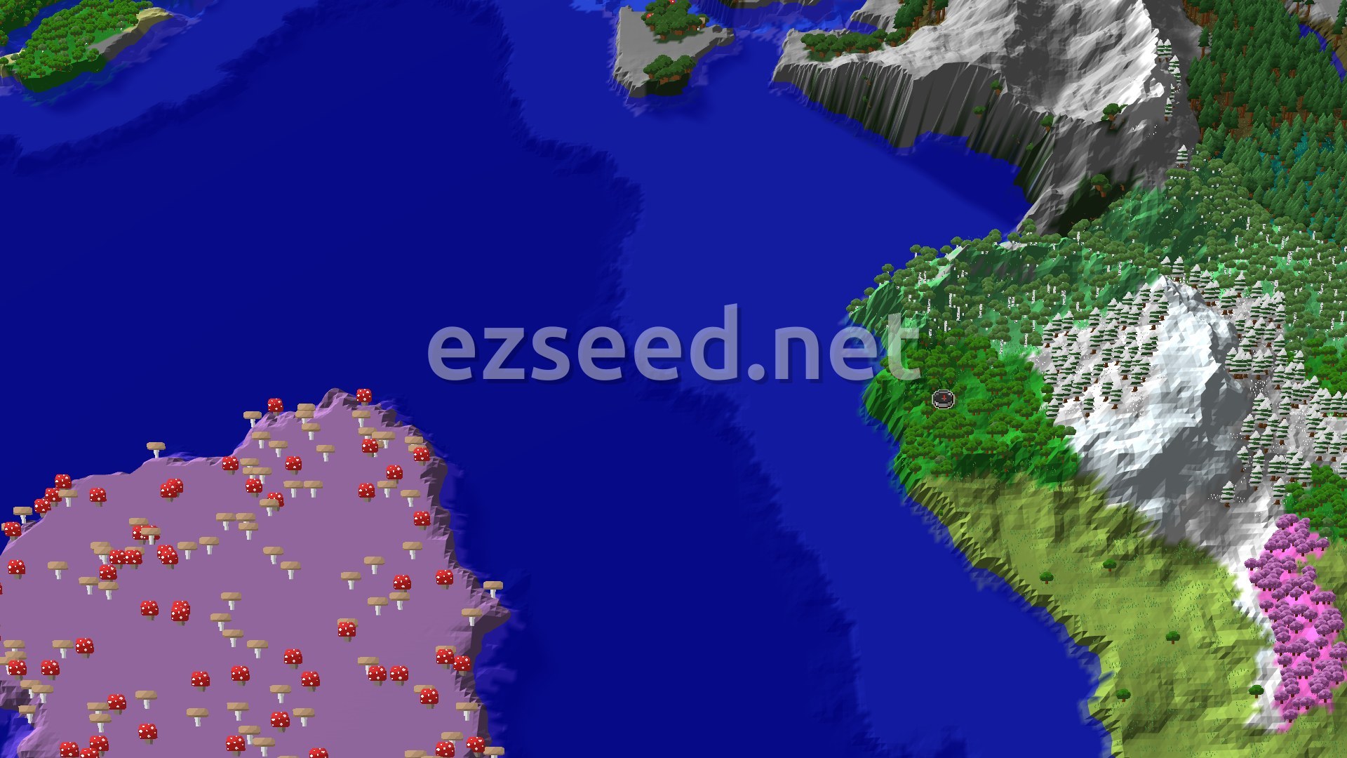 An overhead 3D view of a forest, plains, and birch forest landscape with hills and water, featuring a marked spawn point.