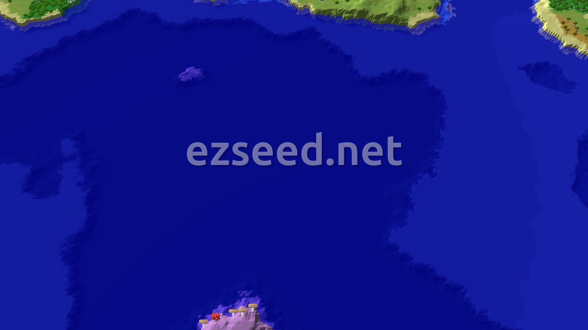 An aerial view shows a vast blue ocean with a green landmass to the north, dotted with trees. A small, purple-tinged island is visible in the distance, and a distinctive mushroom island with red and white mushrooms is to the south.