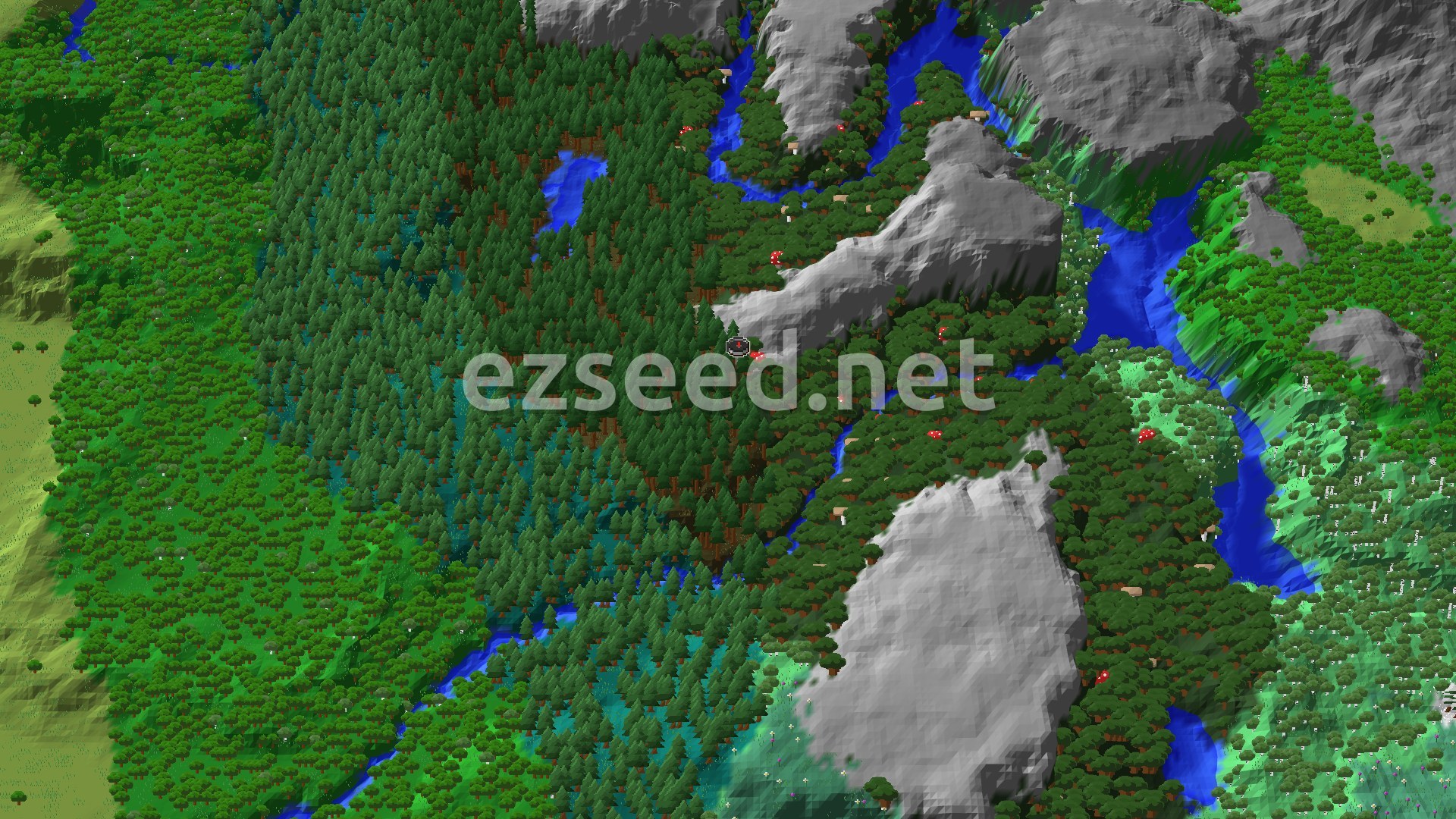 Aerial Minecraft seed map — Dark Forest Spawn with Nearby Ancient City