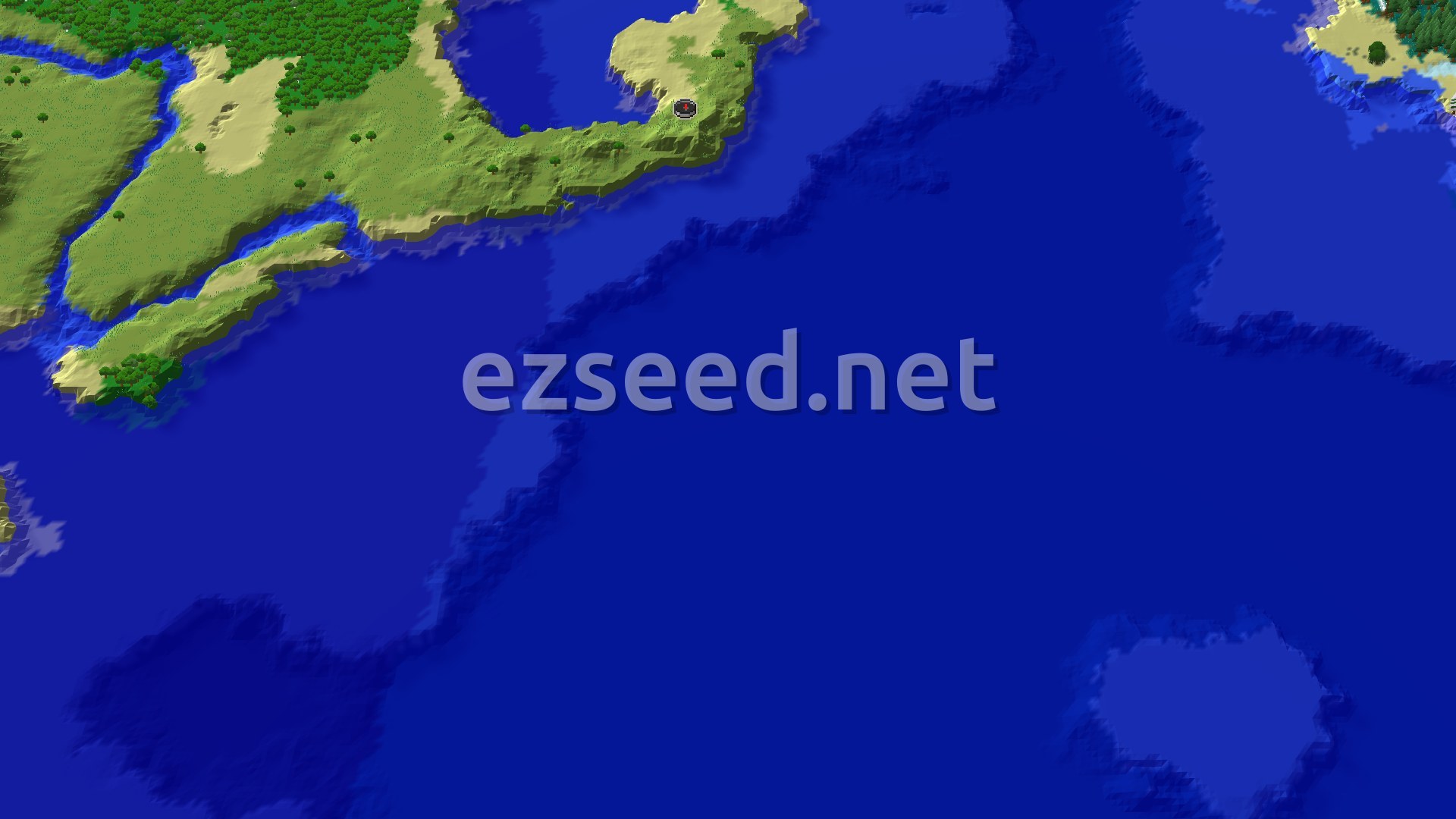 An overhead map shows a green and tan landmass with trees, bordered by a large blue ocean. A small red marker indicates the spawn point on the coastline.