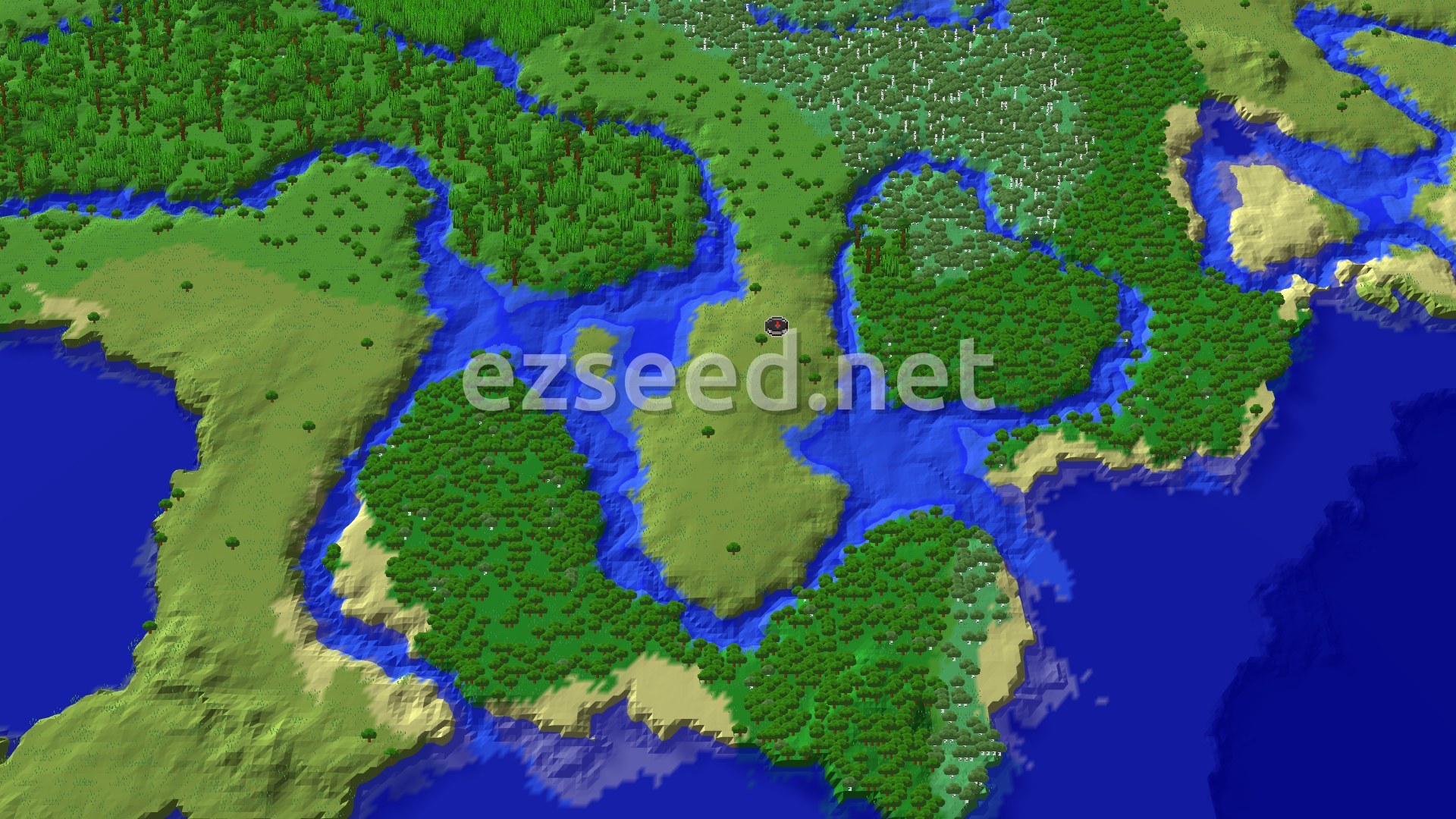 An aerial 3D view of the spawn area, showing a large plains biome surrounded by rivers and various forests, with a small marker at the center indicating the spawn point.