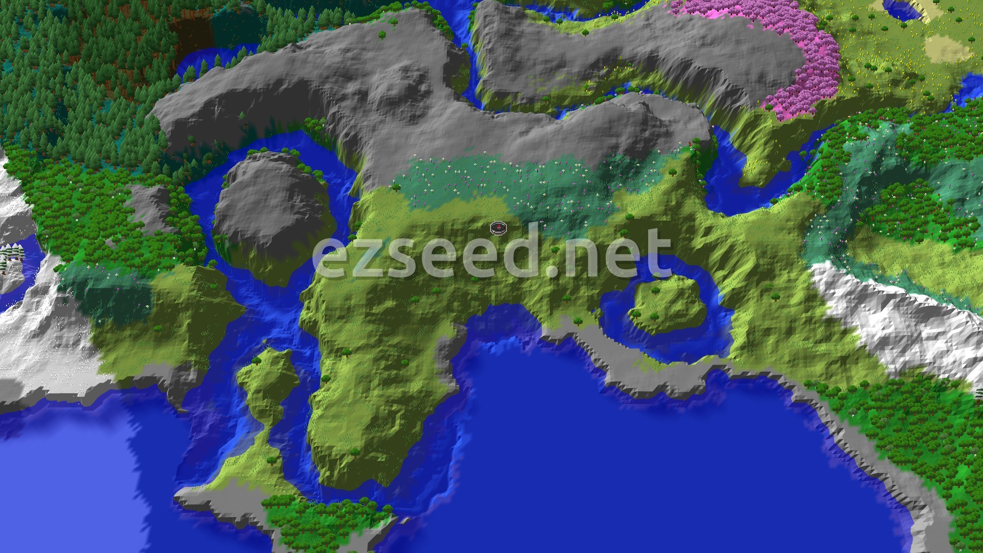 A 3D fly-over rendering of a Minecraft world showing a central plains spawn, surrounded by varied terrain including hills, forests, snowy mountains, and a large body of water.