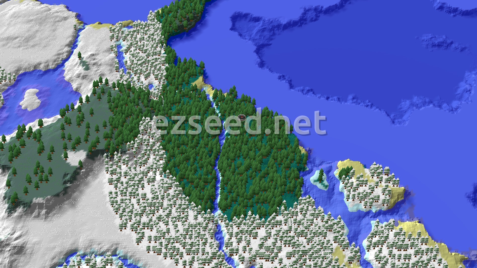 An aerial view of a seed showing a large taiga forest surrounded by snowy plains and frozen ocean, with a spawn marker in the center of the forest.
