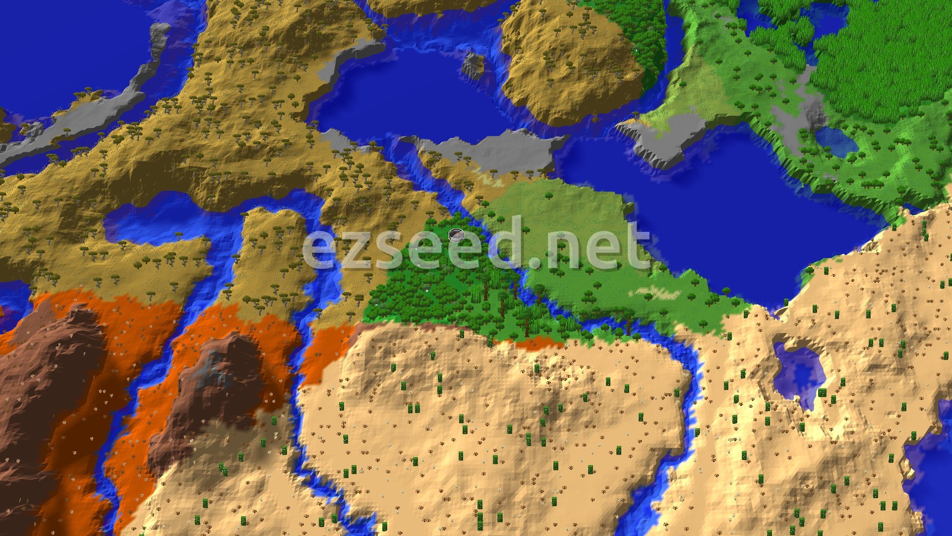 An aerial view of diverse biomes including forest, savanna, desert, and badlands, with a blue river winding through the landscape and a small spawn marker.