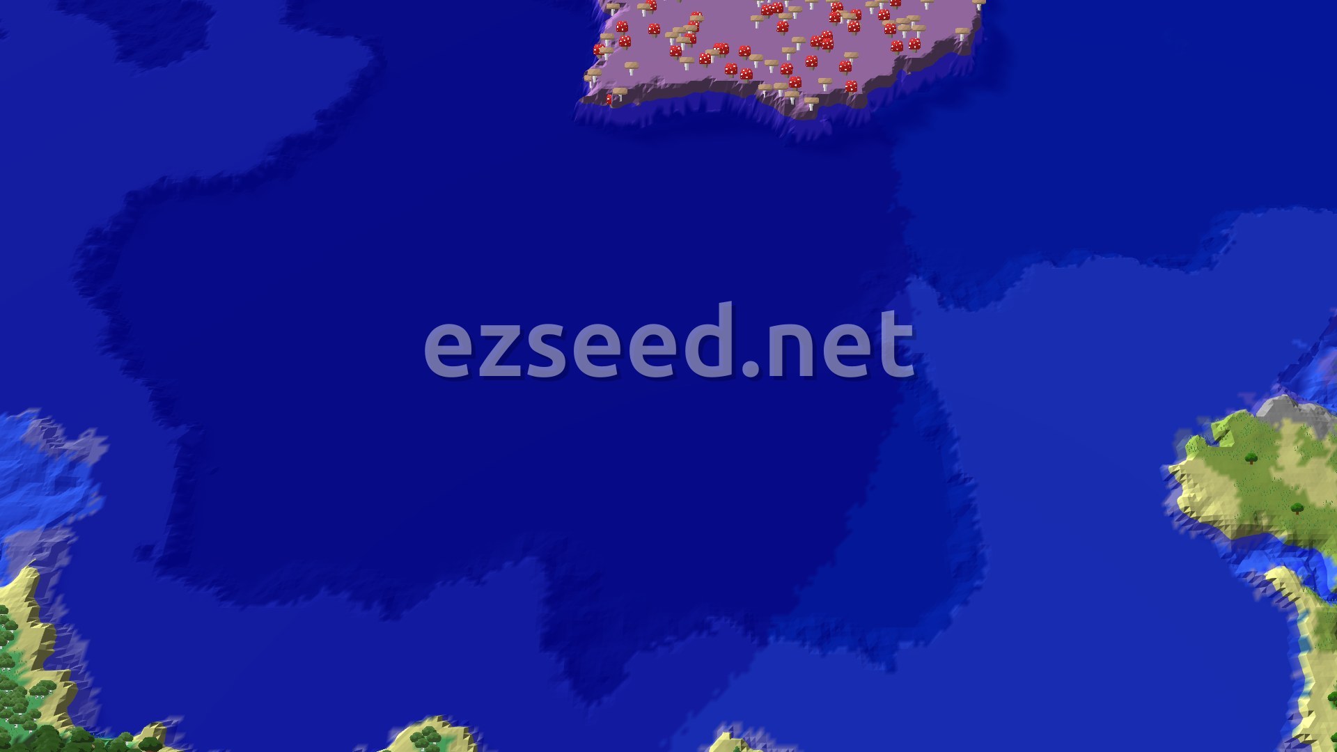 A top-down 3D render of a dark forest and ocean biome with a mushroom fields island in the distance.