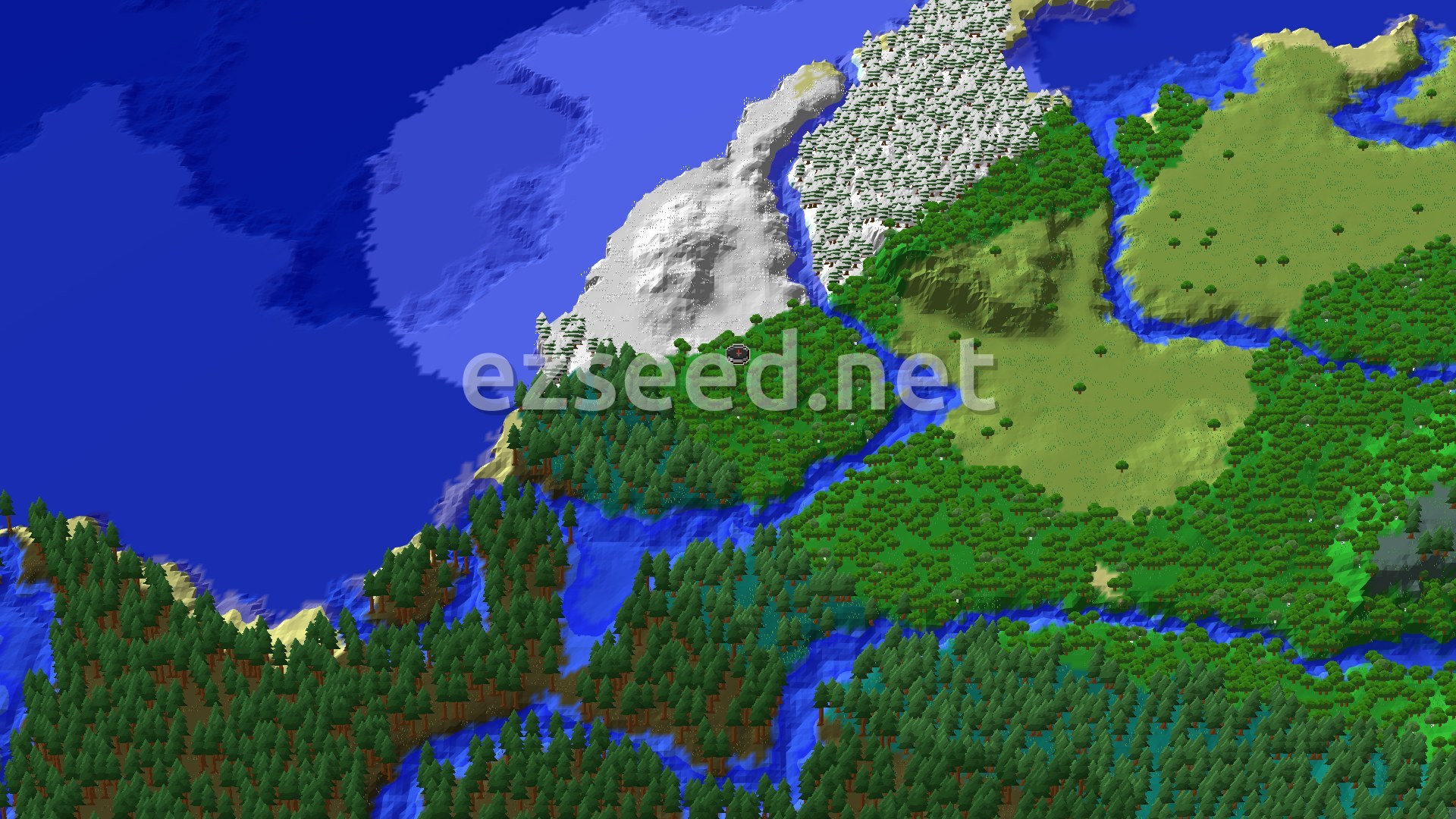 A 3D overhead view of a diverse landscape featuring a mix of forest, snowy plains, and rivers, with a small spawn marker in a forest near a large body of water.
