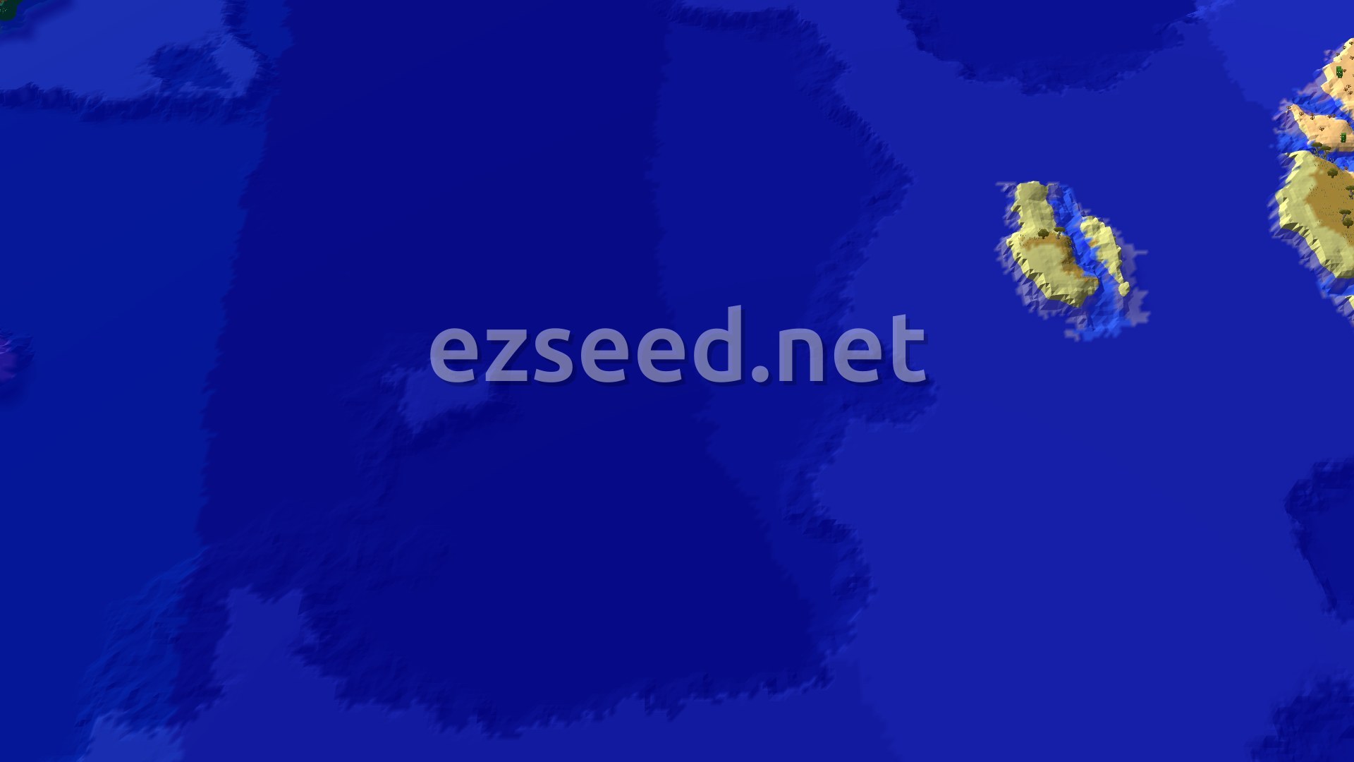 A small, forested island surrounded by ocean, with a distinct lighter blue area indicating shallow water or a reef near the shore. The island has varied terrain and trees, with a marker at the center indicating the spawn point.