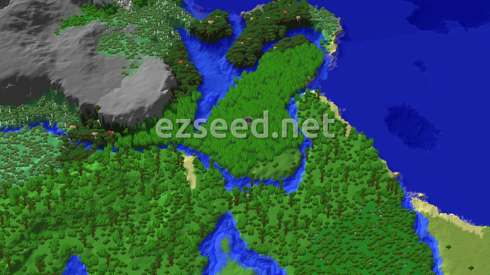 An aerial view shows a large, dense bamboo jungle biome surrounded by rivers, with a grey mountainous region to the west and a deep blue ocean to the east. A small spawn marker sits in the center of the jungle.