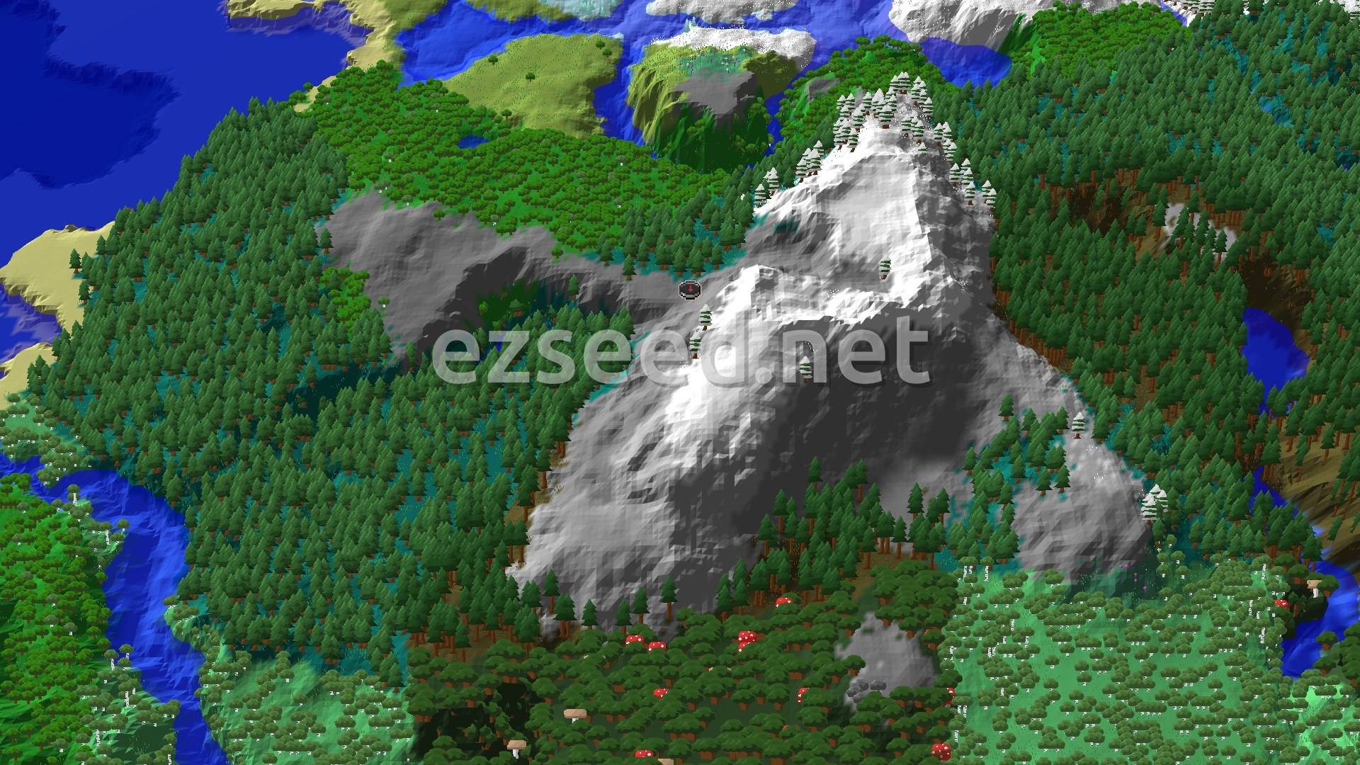 An overhead view of a mountainous, snowy landscape with scattered trees, a river, and a small marker at the center indicating spawn.