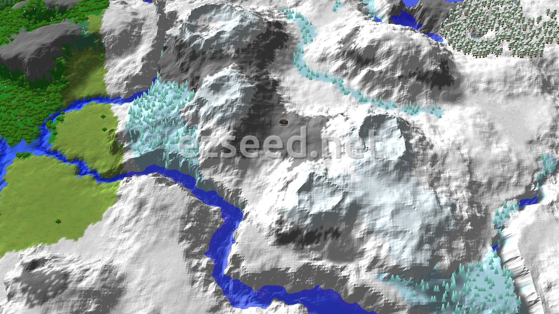 A 3D fly-over of a snowy mountain range, with a river running through it and scattered trees, a small spawn marker in the center.
