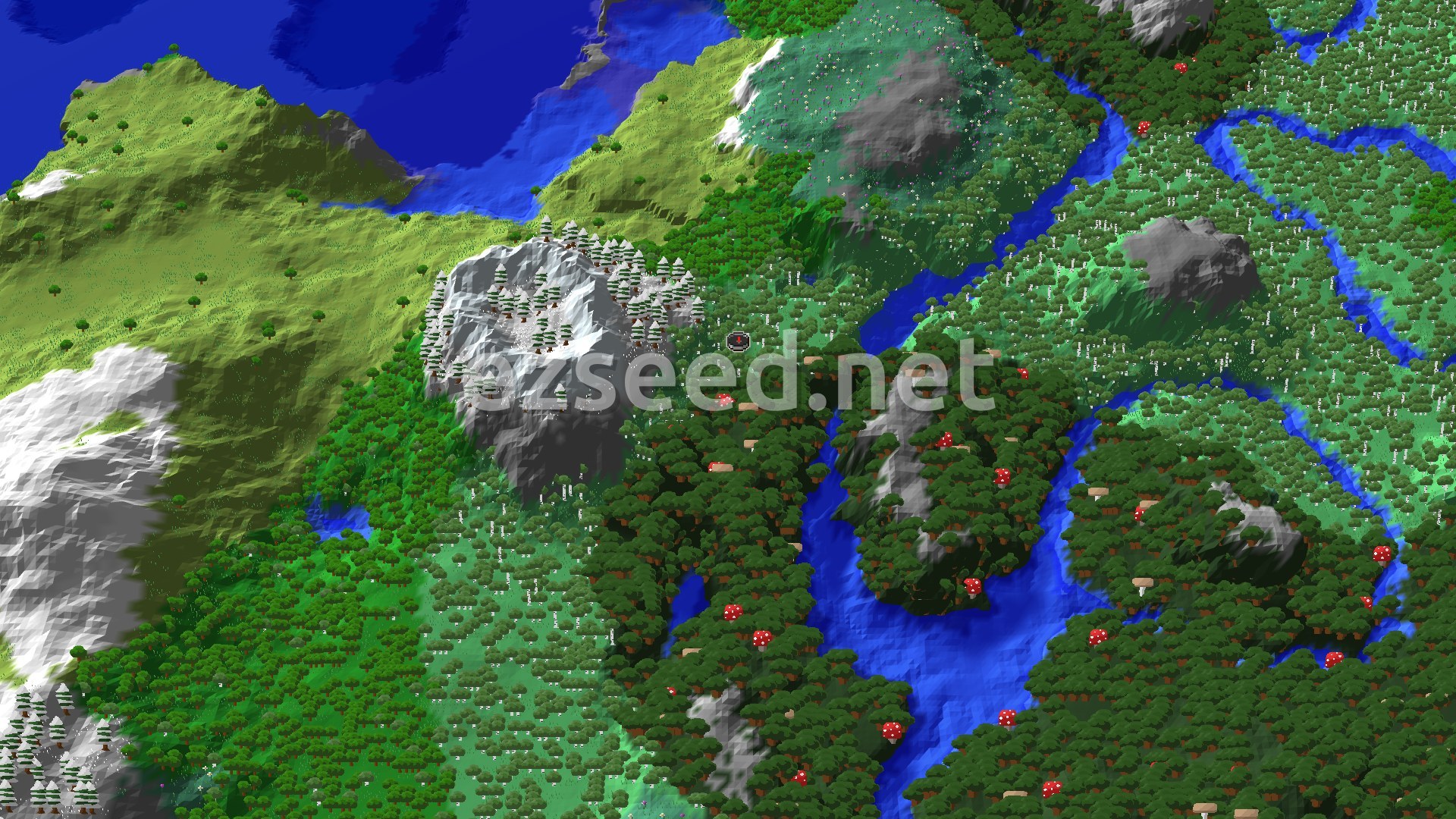 Aerial Minecraft seed map — Woodland Mansion, Lush Caves, and Snowy Peaks