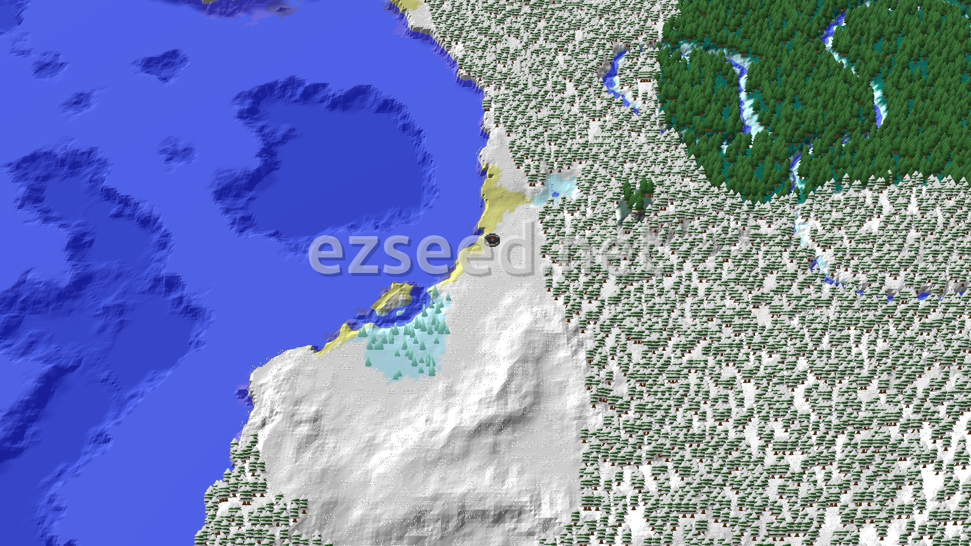 An overhead view of a snow-covered landscape with a vast frozen ocean to the west and dense snowy taiga forests to the east, featuring a small patch of ice spikes near the coast.