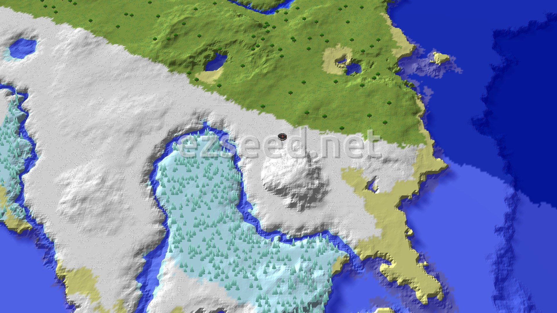 A 3D fly-over shows a snow-covered mountain with a spawn marker, bordered by a green forest and blue water.