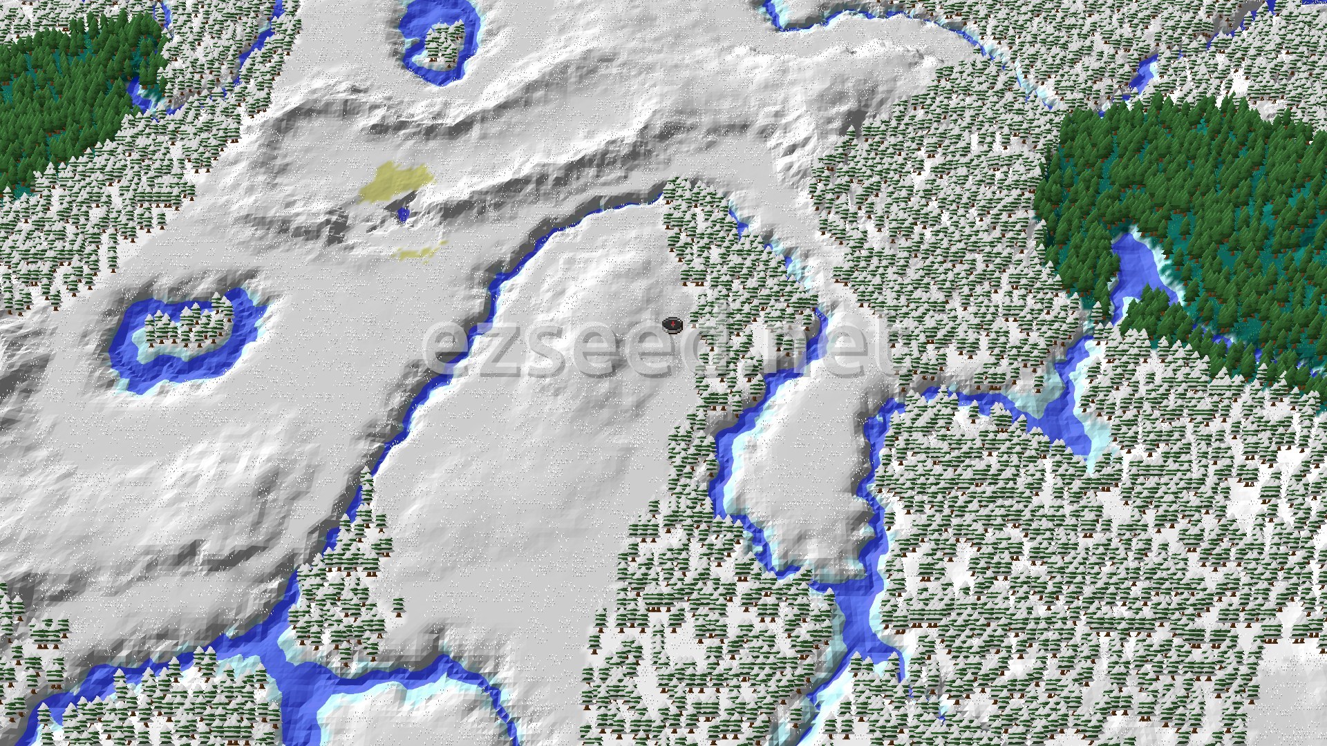 An overhead view of a snow-covered landscape with scattered evergreen trees, some frozen rivers, and a small marker at the center indicating the spawn point.
