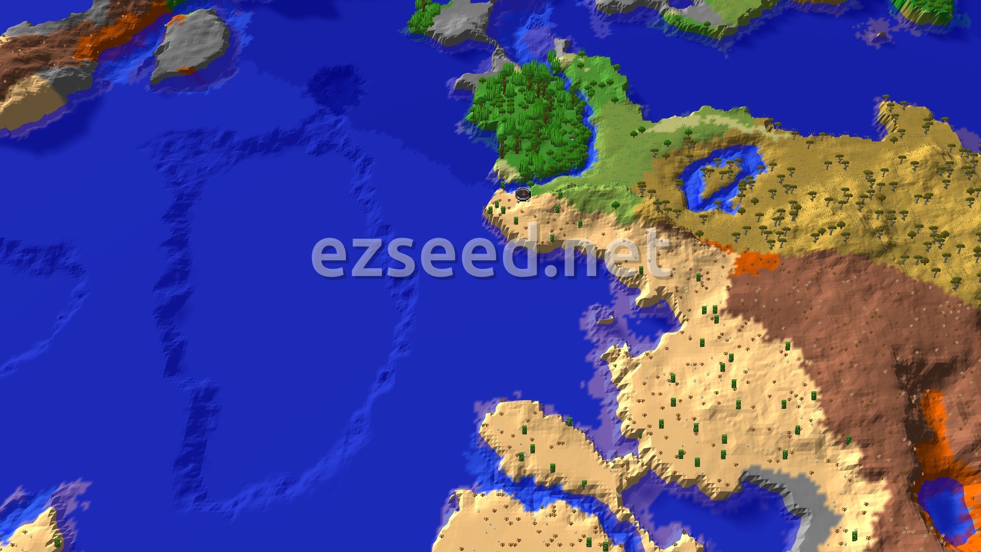 An aerial view showing a desert coastline with a small spawn marker, bordered by a large ocean and a lush green jungle biome.