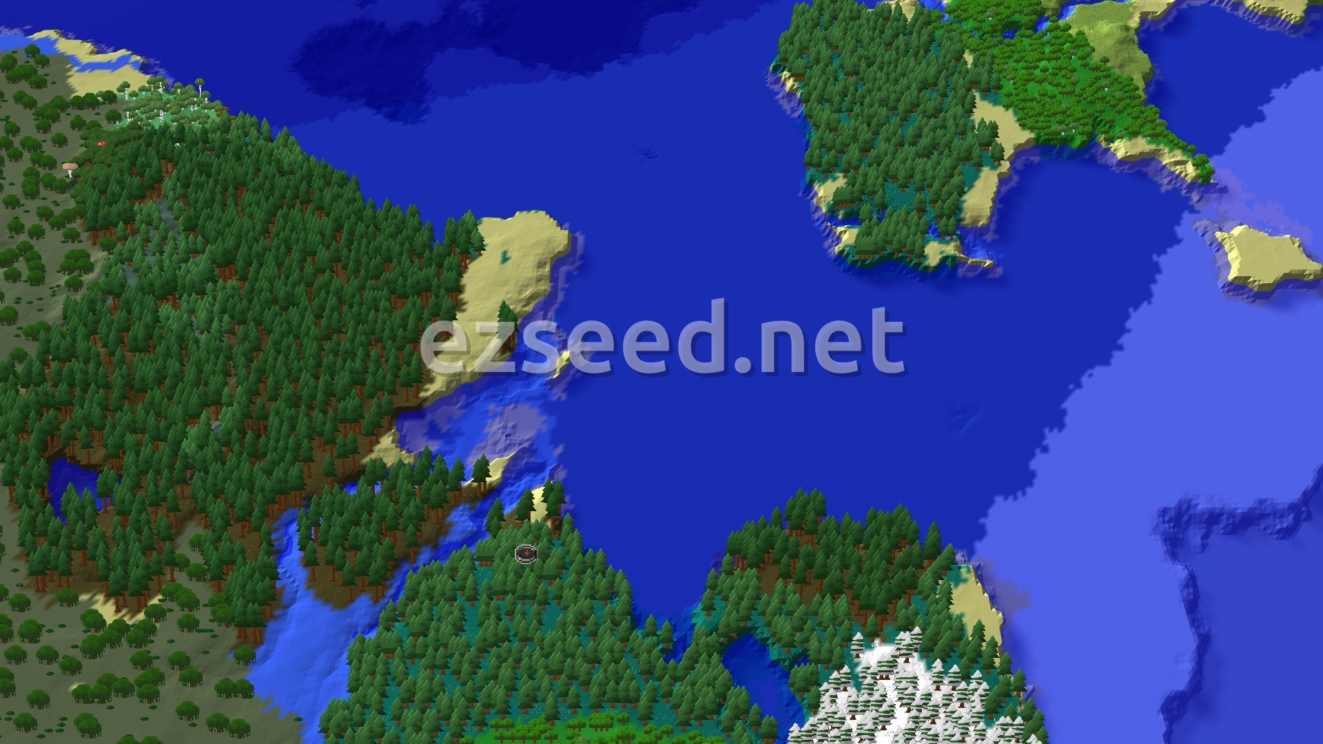 An overhead view of a densely forested Taiga biome, with a winding river and coastal areas, and snowy peaks in the distance. A small spawn marker is visible near the center.