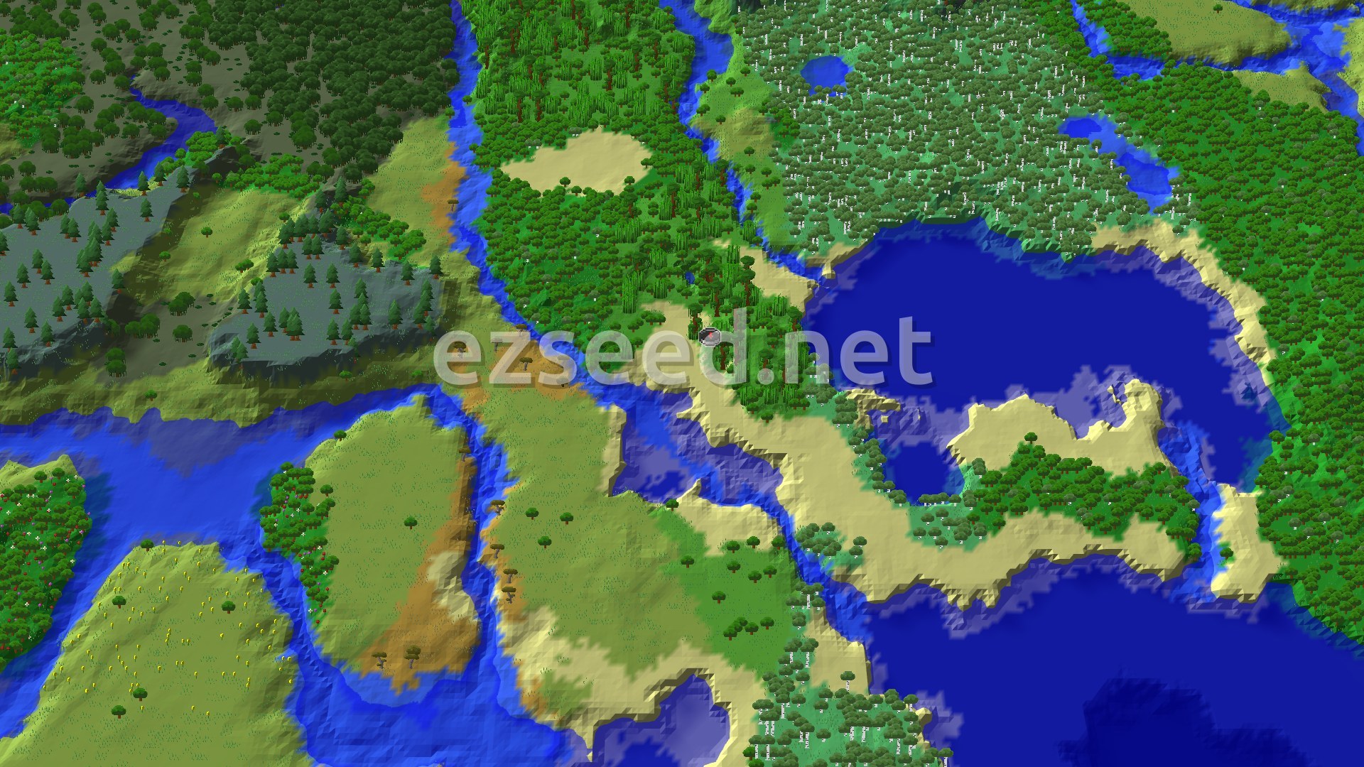 An overhead view of a diverse landscape with a dense jungle around the spawn marker, bordered by rivers, beaches, and various forests.