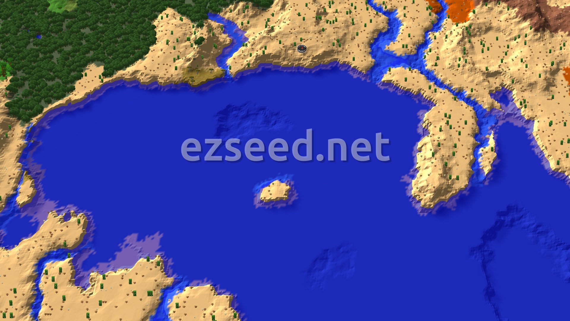An aerial view showing a vast blue ocean surrounded by desert terrain, with patches of green forests to the north and west, and a small desert island in the center of the ocean.