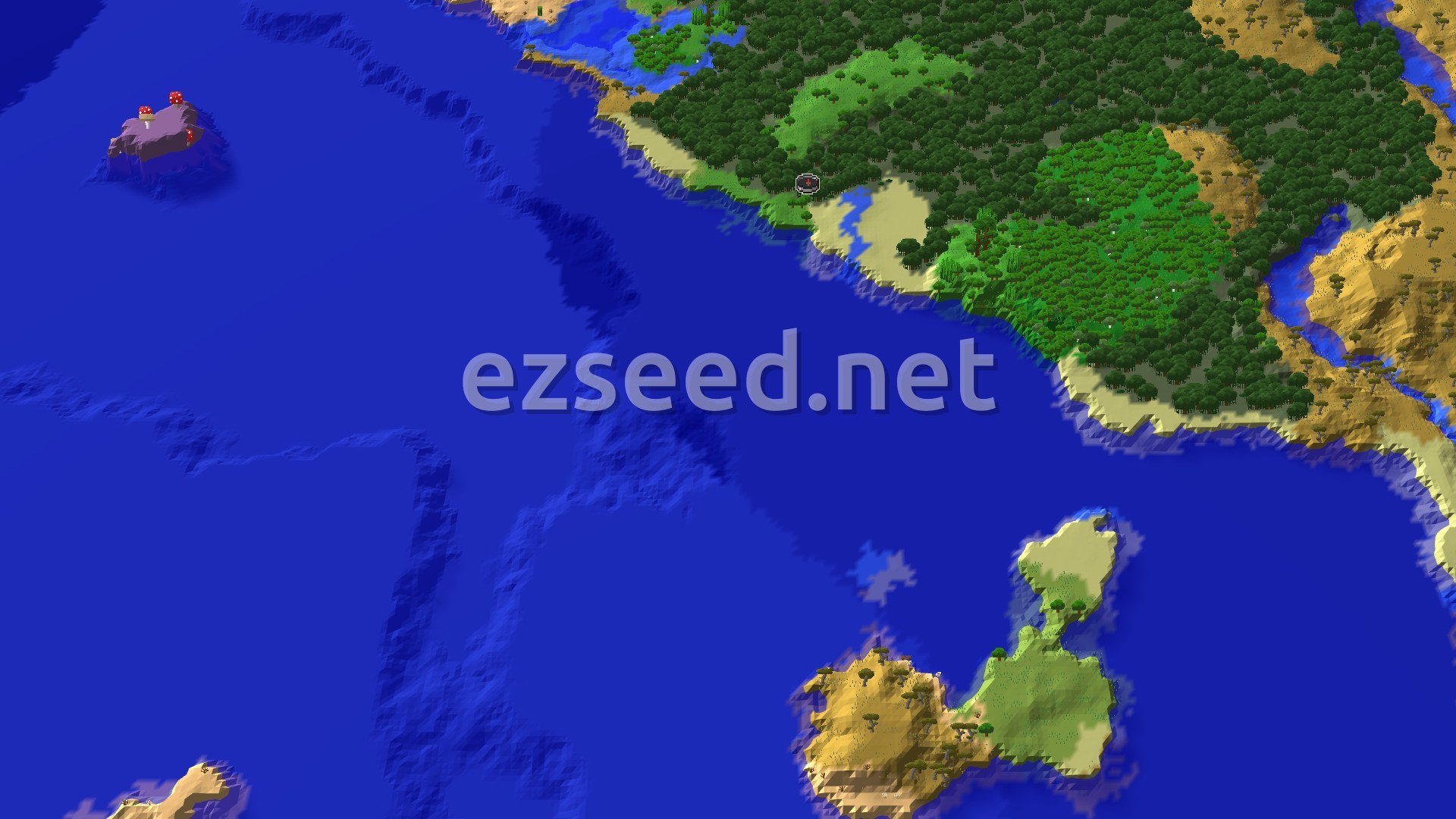 A bird's eye view shows a large landmass with dense jungle and savanna biomes along a coast, with a prominent mushroom island in the ocean to the west and smaller islands to the south.