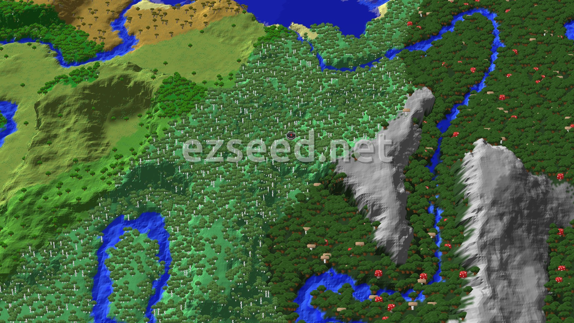 An overhead view of a diverse landscape featuring dense forests, rolling hills, rivers, and exposed rock faces, with a spawn marker in a birch forest.