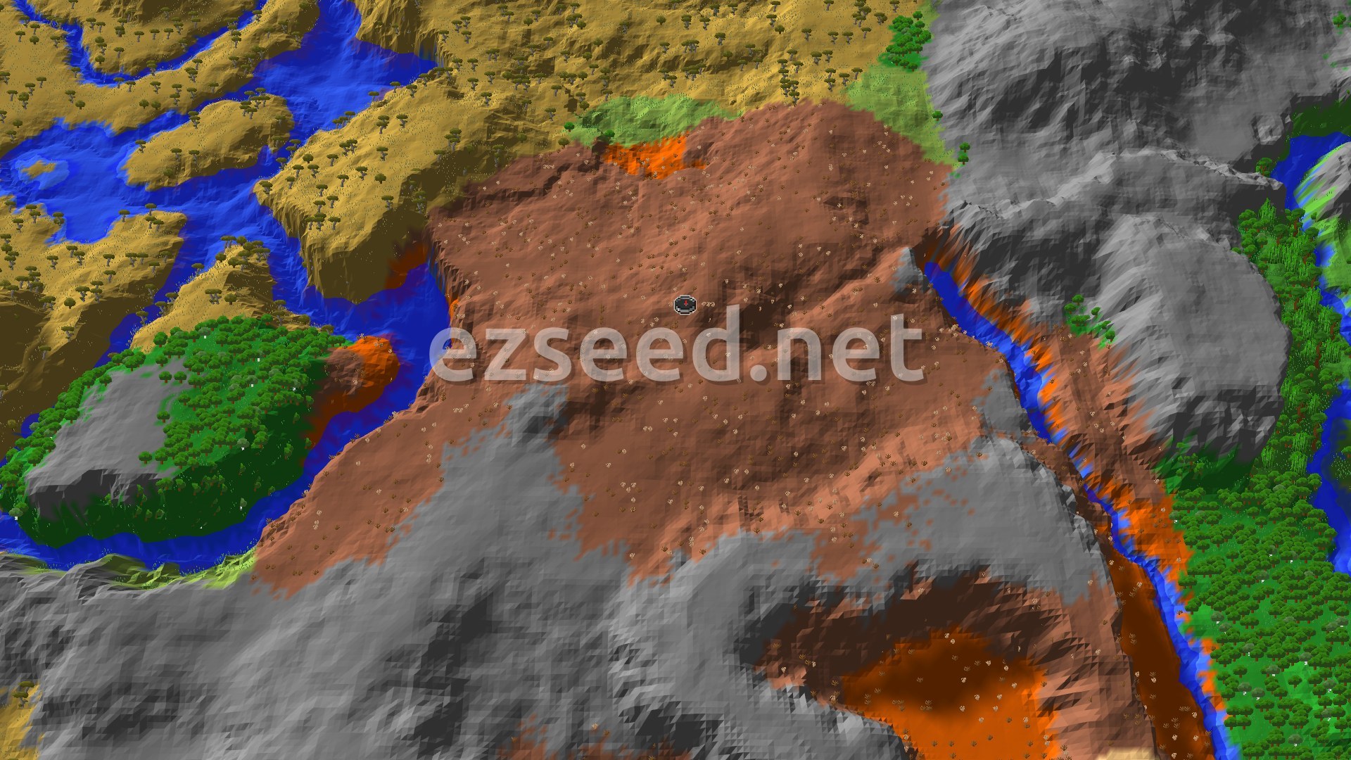 Aerial Minecraft seed map — Badlands Spawn with a Close Ancient City