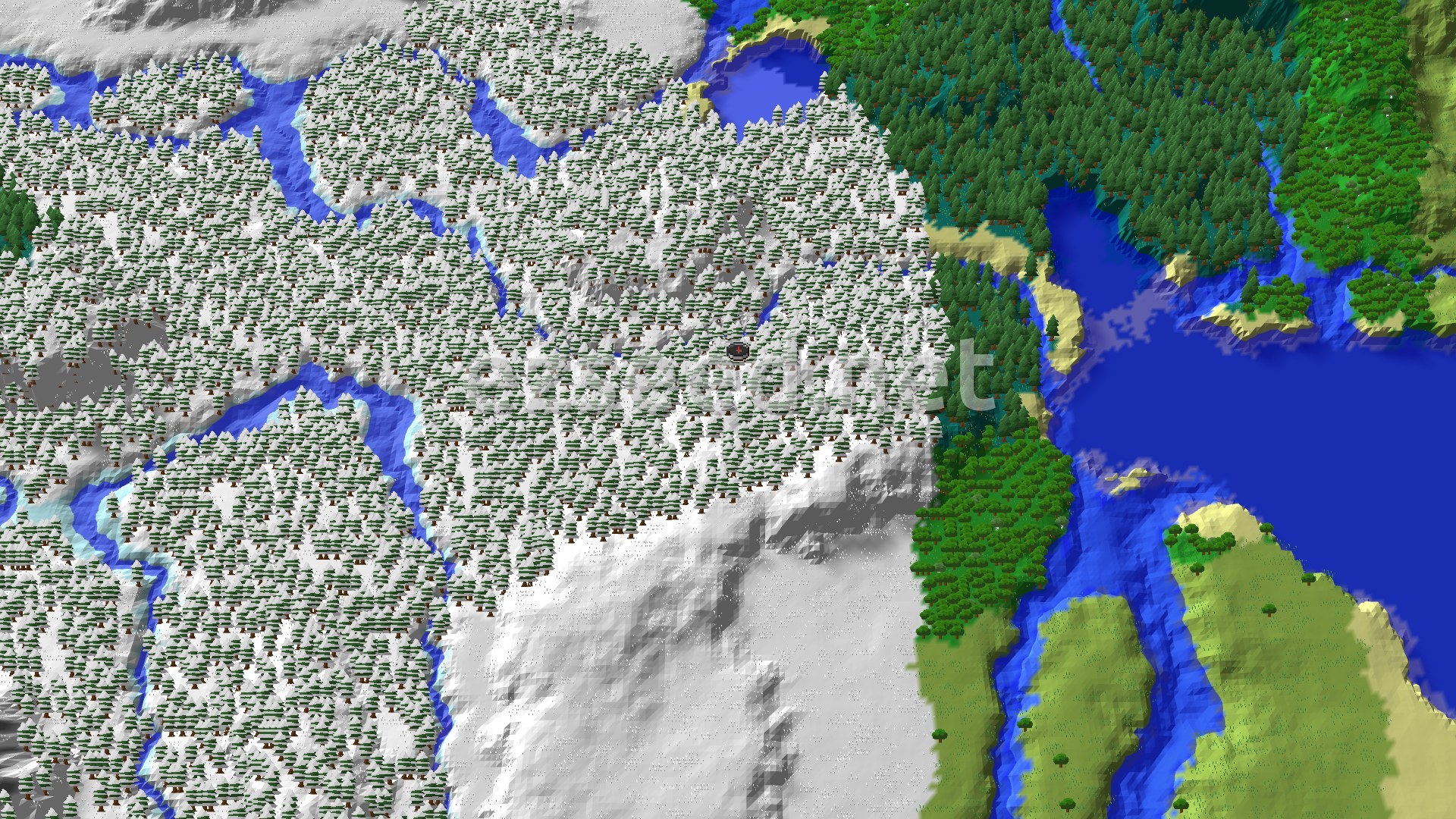 Aerial Minecraft seed map — Snowy Taiga Spawn With Ancient City Nearby