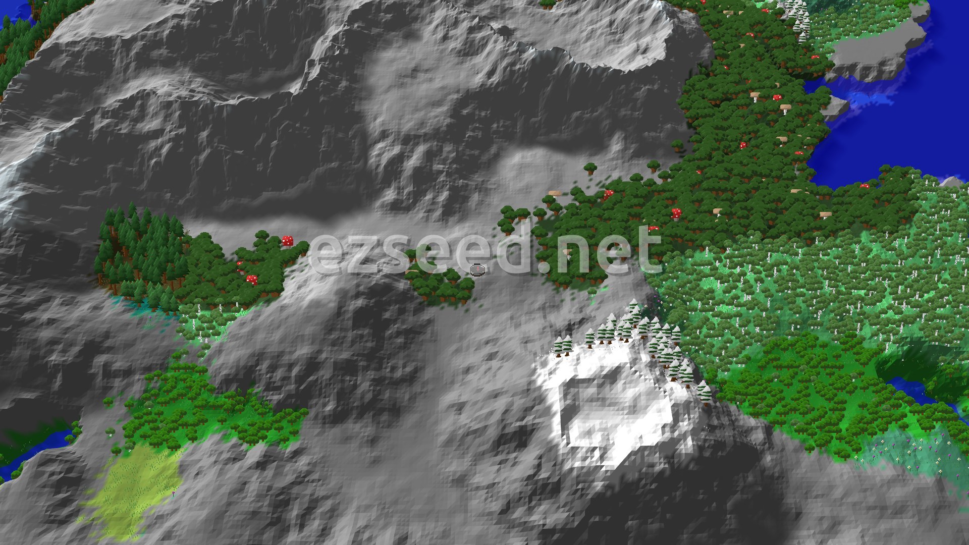 Aerial Minecraft seed map — Dark Forest Spawn with Nearby Trial Chambers