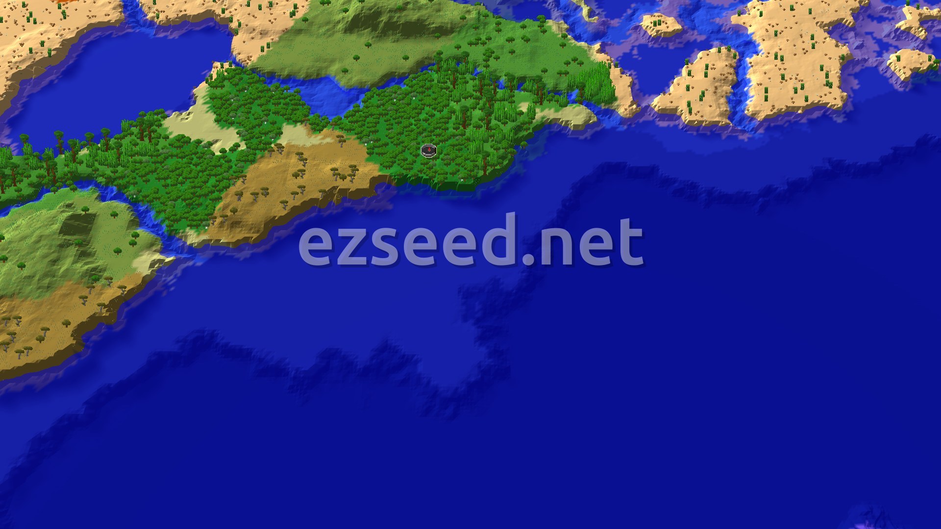 An overhead view of a diverse landscape featuring a dense forest at the center, surrounded by lighter green plains, tan savanna, and blue ocean. A small spawn marker indicates the starting point within the forest.