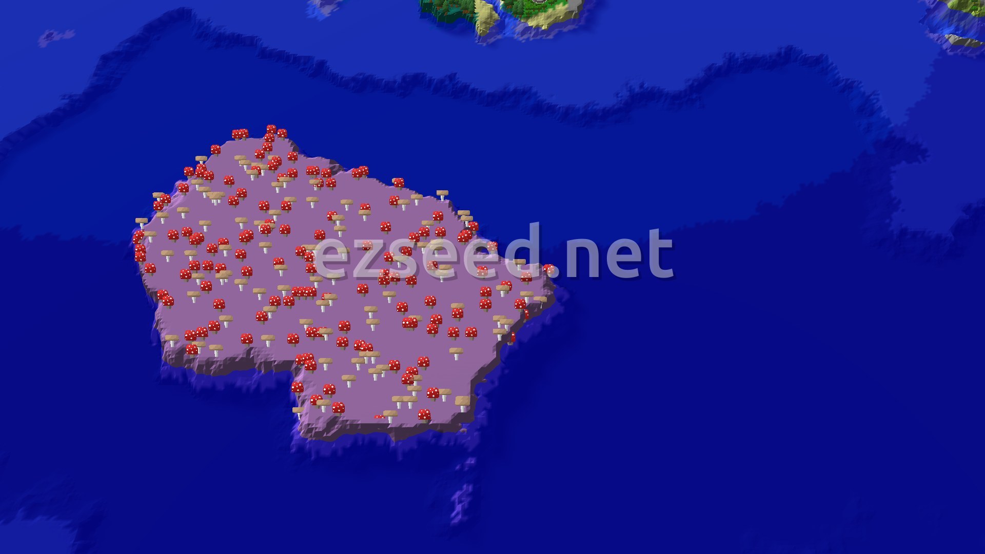 A vast, flat mushroom fields island covered in red and brown fungi, surrounded by deep blue ocean, with a small patch of forest and hills visible in the distance.