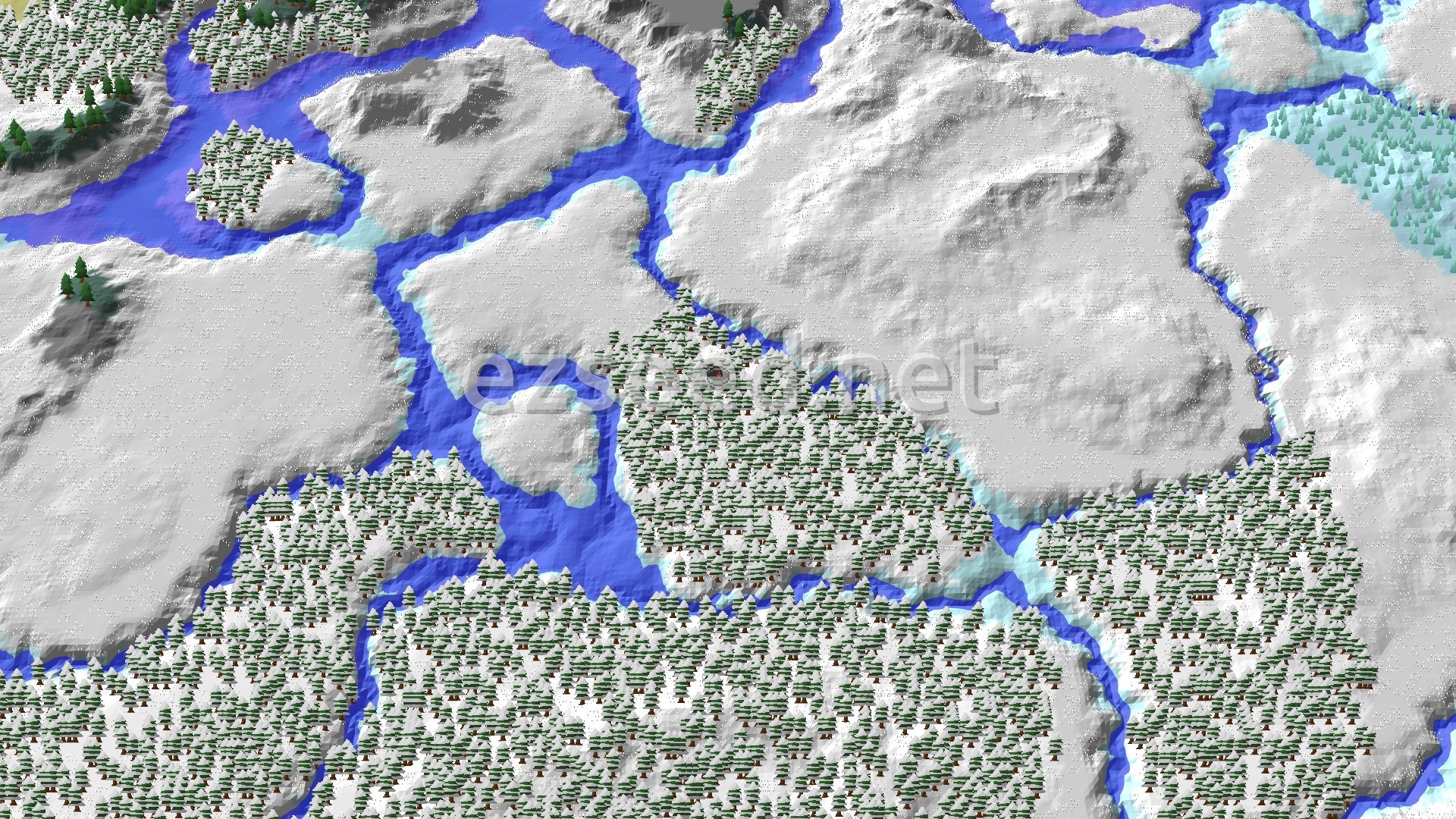 A snowy, mountainous landscape with winding frozen rivers and dense evergreen forests. Some areas are flat and covered in snow, while others rise into gentle hills.