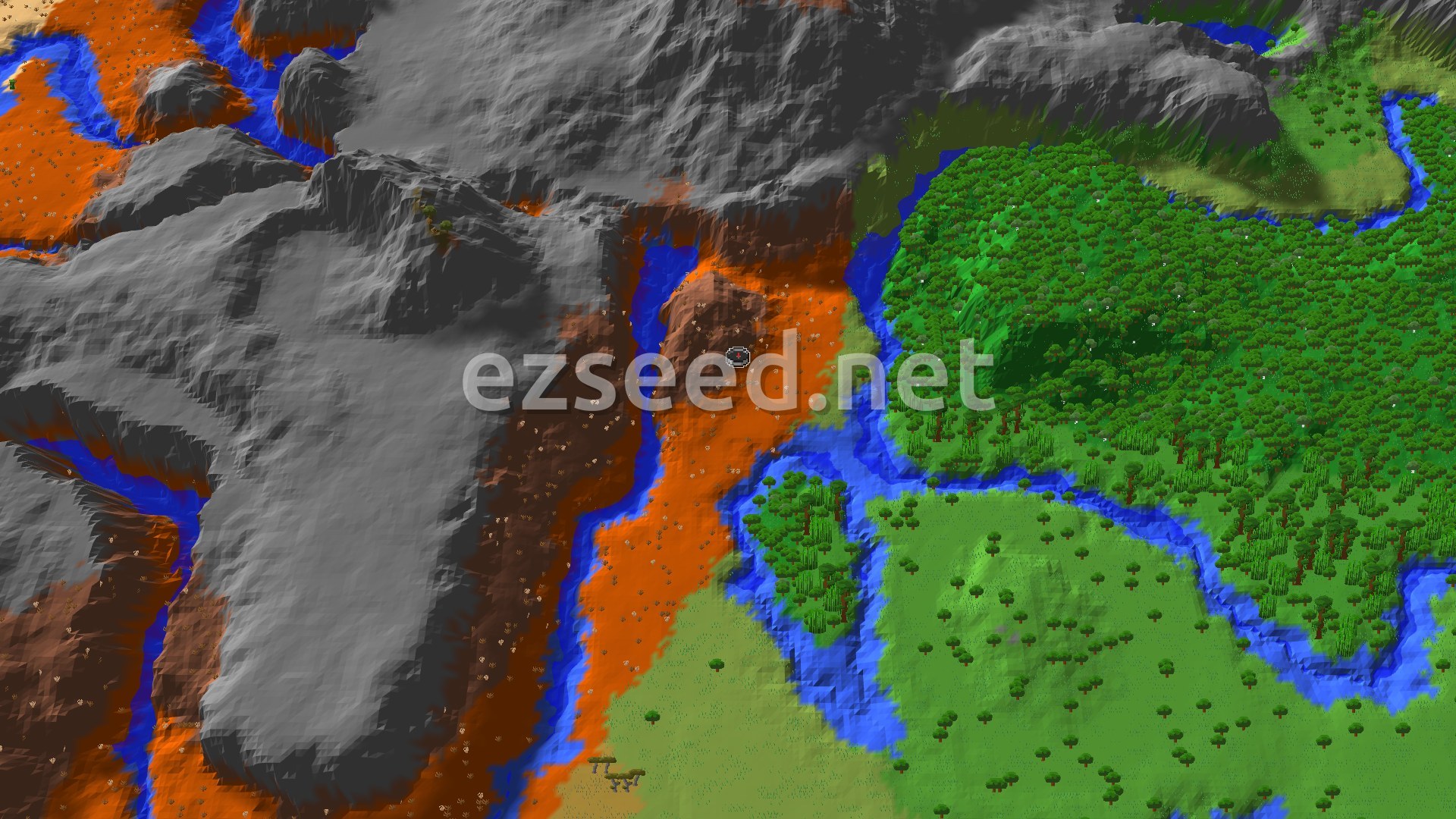 A 3D fly-over of the spawn area, showing a river cutting through Badlands, with forests and plains adjacent.