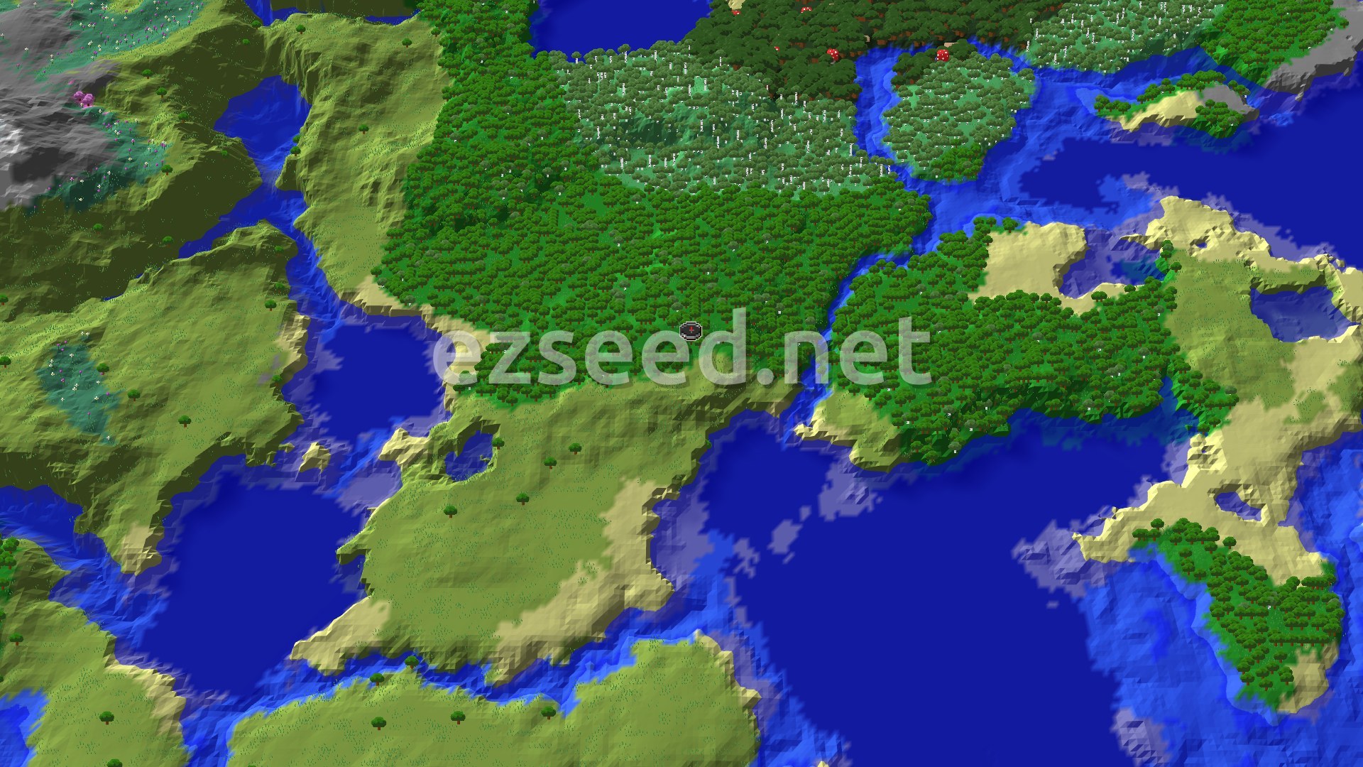 An aerial view of a mostly forested spawn area, surrounded by water and plains, with some distant hills and mountains.
