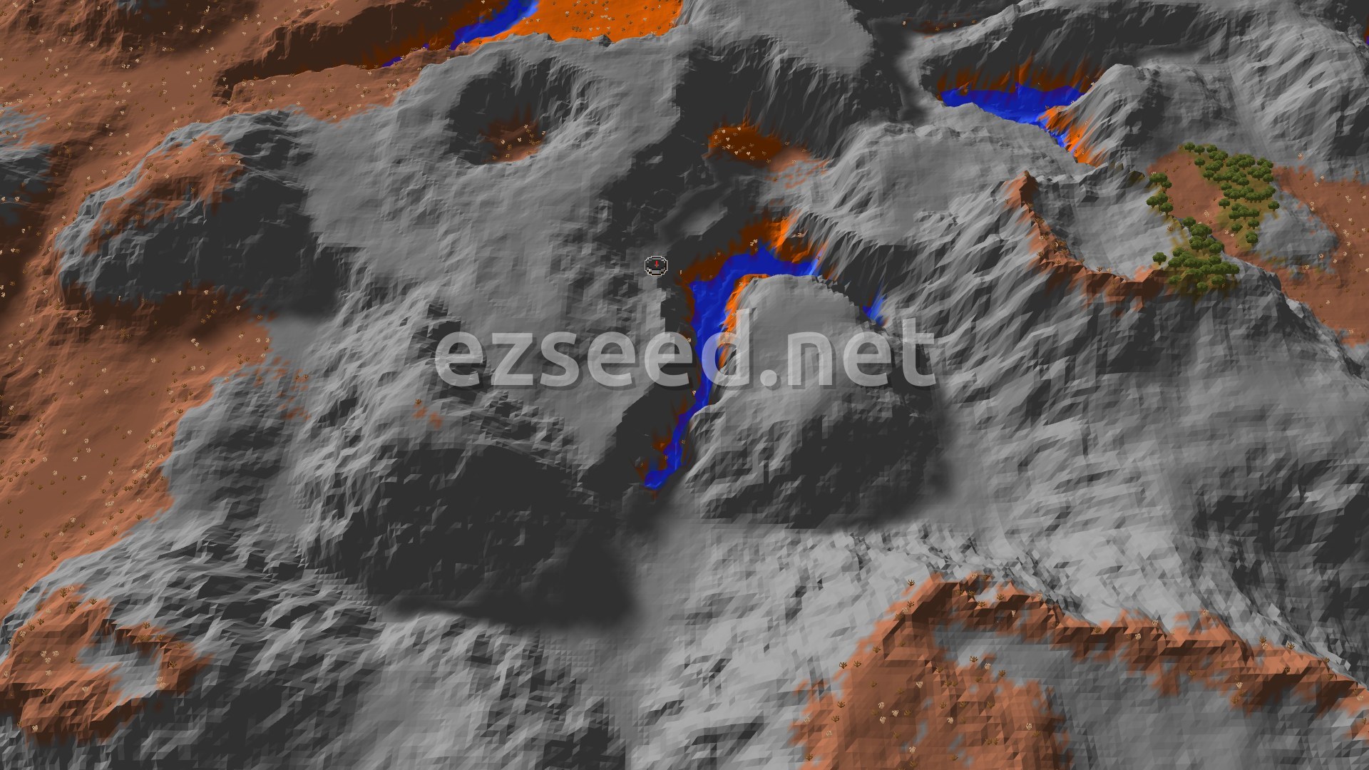A 3D fly-over of a hilly, colorful Badlands biome with patches of grey stone and winding blue rivers, with a small spawn marker at the center.