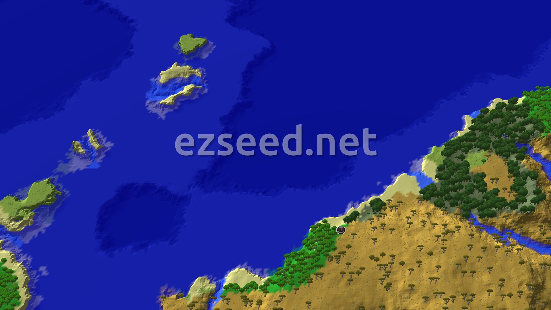 A bird's-eye view of a varied landscape, showing a dense forest, open savanna, and a distinct mangrove swamp area with a river running through it.