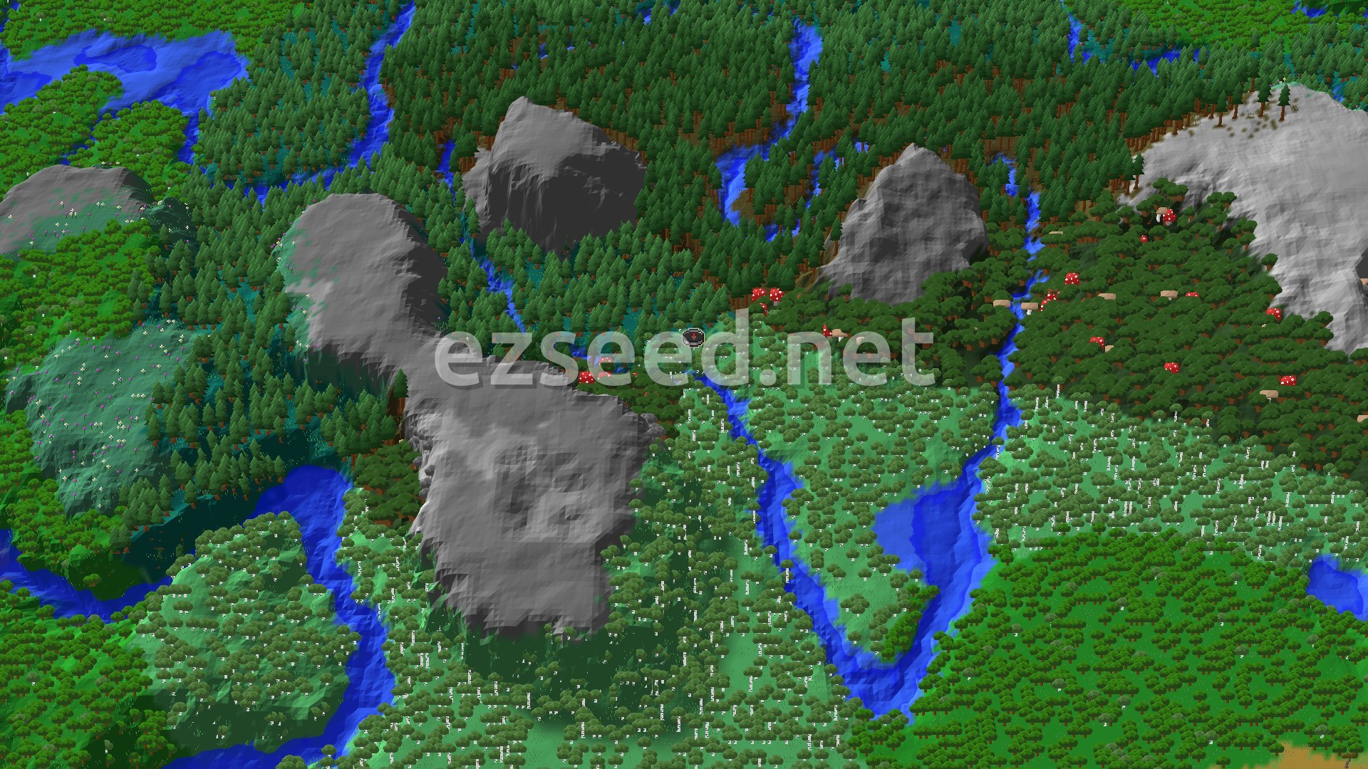 Aerial Minecraft seed map — Trial Chambers and Pale Garden Amidst Forests
