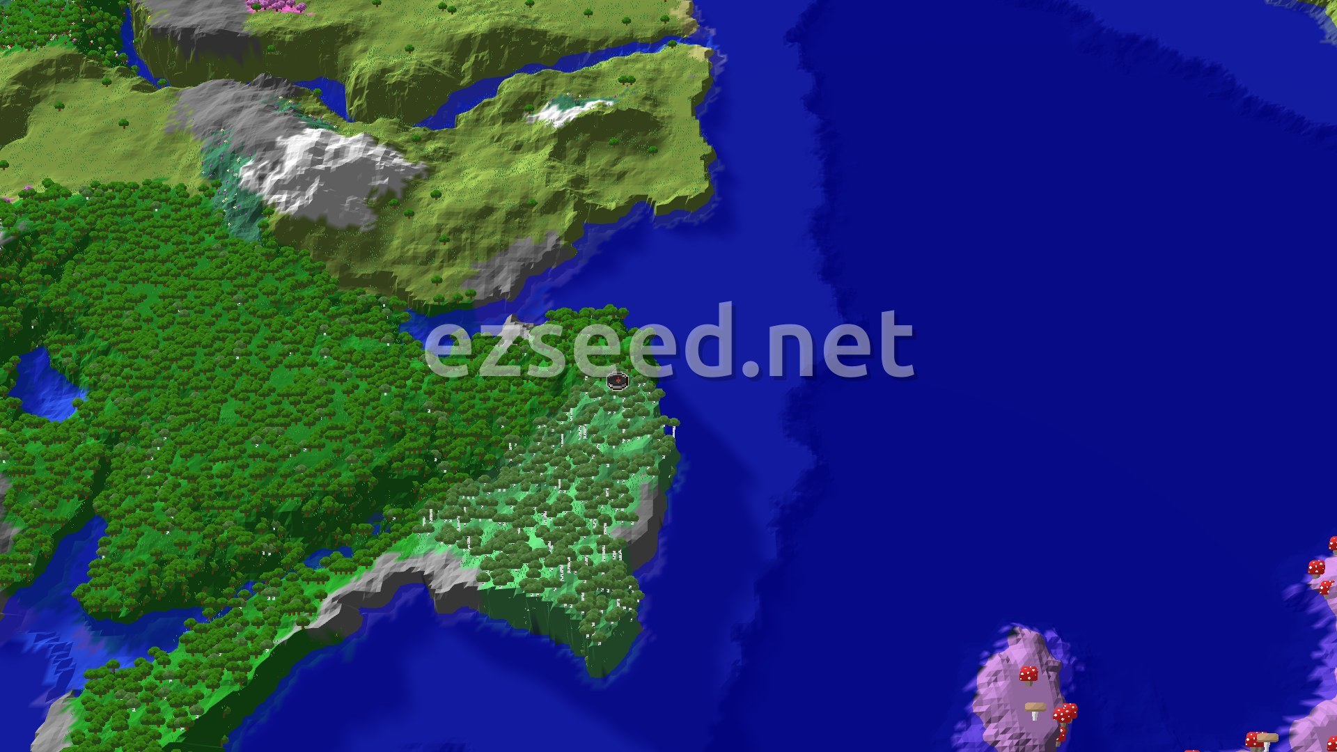 A 3D fly-over of a dense old growth birch forest with a small marker at the center, showing an ocean to one side and rolling hills beyond.