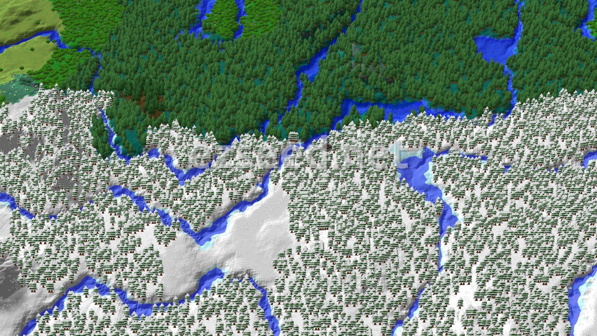 Aerial Minecraft seed map — Snowy Taiga Spawn With Nearby Zombie Village