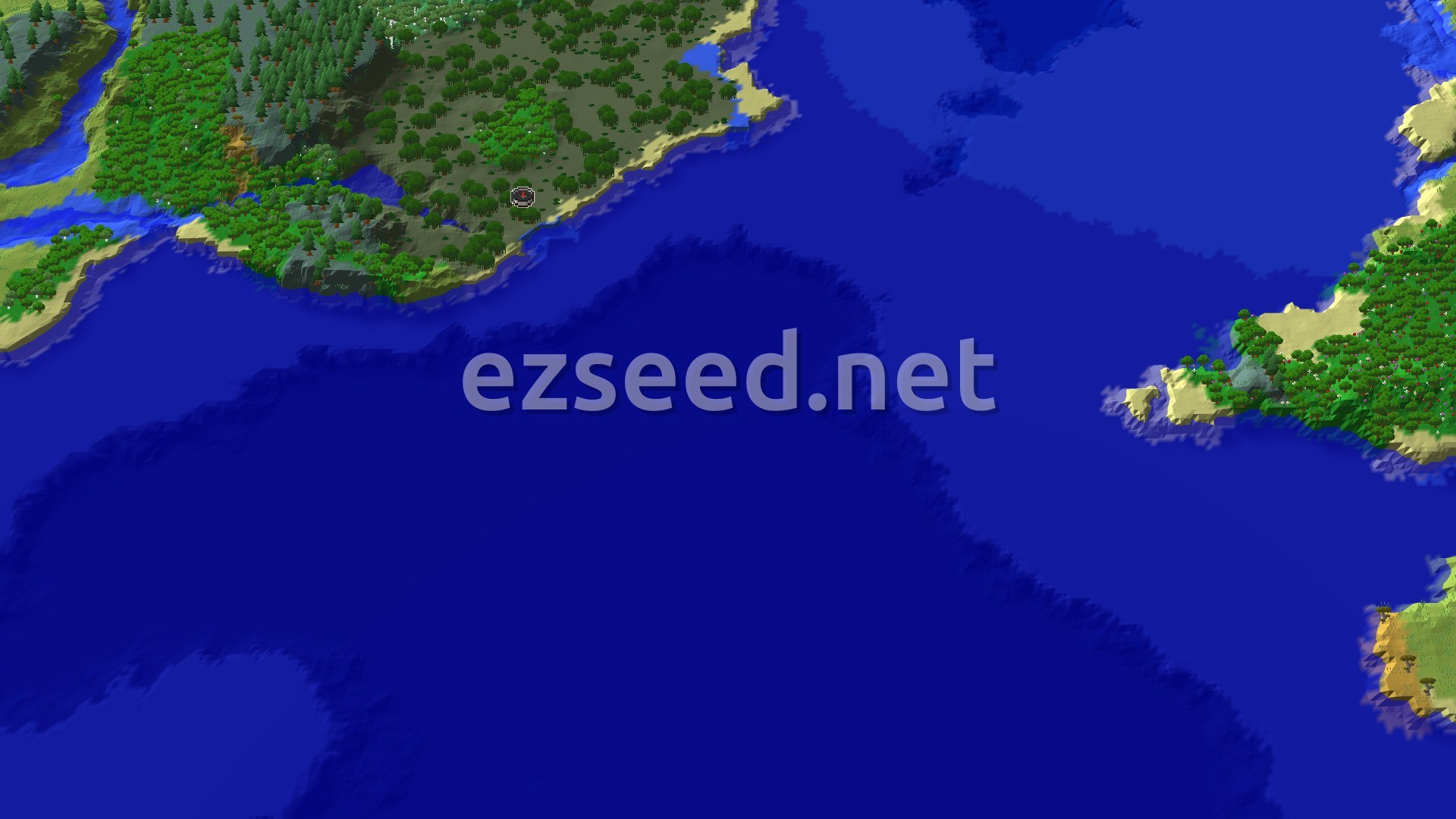 A 3D fly-over of a Minecraft world showing a lush green landmass with a winding river, dense forests, and open plains, bordered by an expansive blue ocean. A small spawn marker is visible near the center, surrounded by trees.
