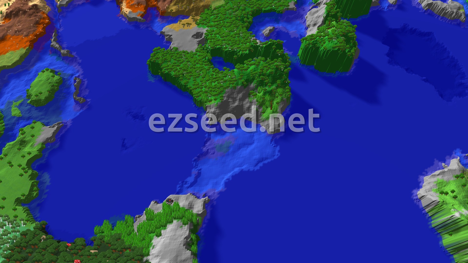 A 3D fly-over of a tropical island covered in dense green jungle trees, surrounded by blue ocean, with some grey stony shores and distant varied biomes visible.