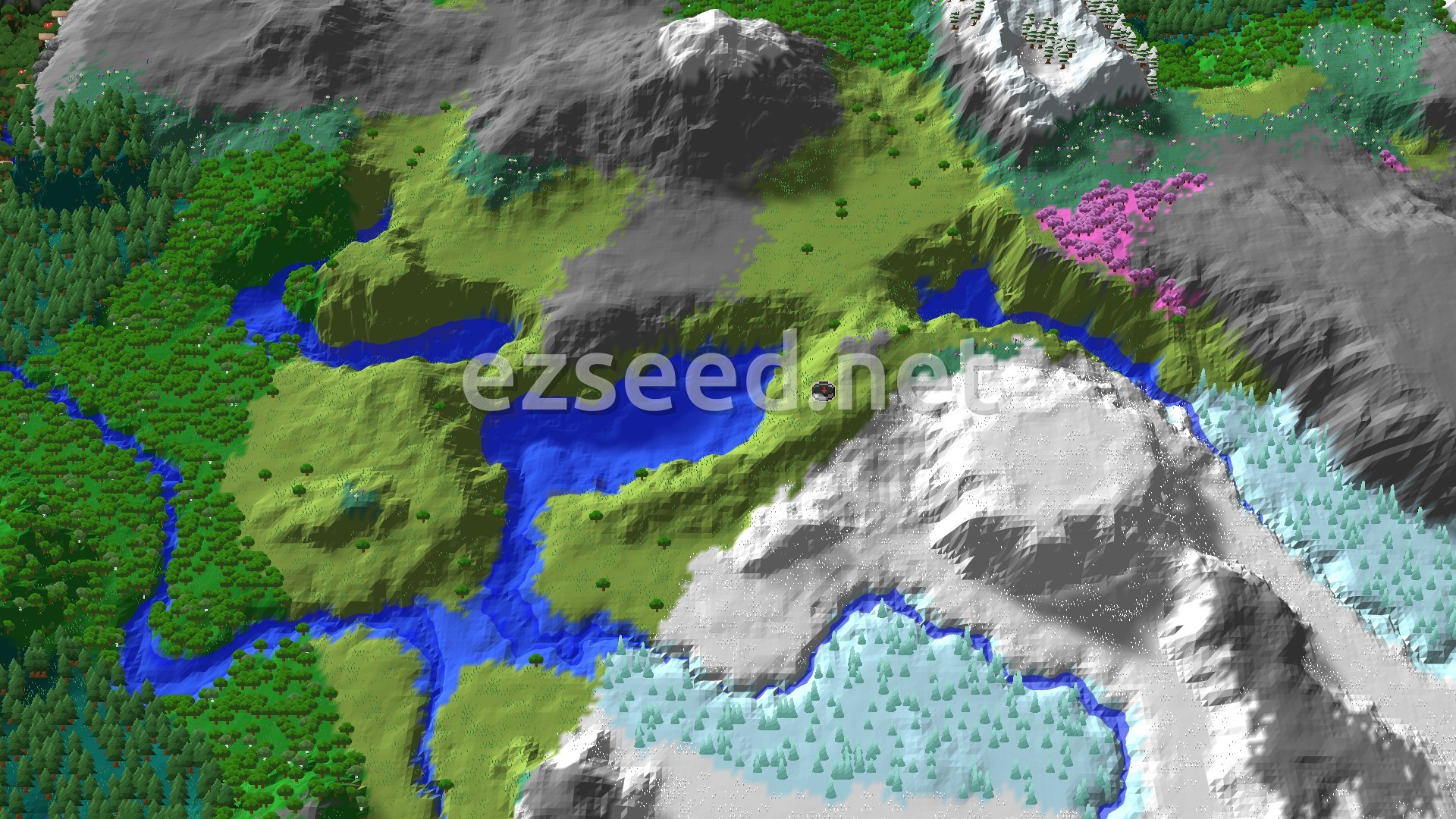 An aerial view of a varied landscape, featuring green plains, dark forests, winding rivers, and snow-capped mountains with scattered pink cherry trees.